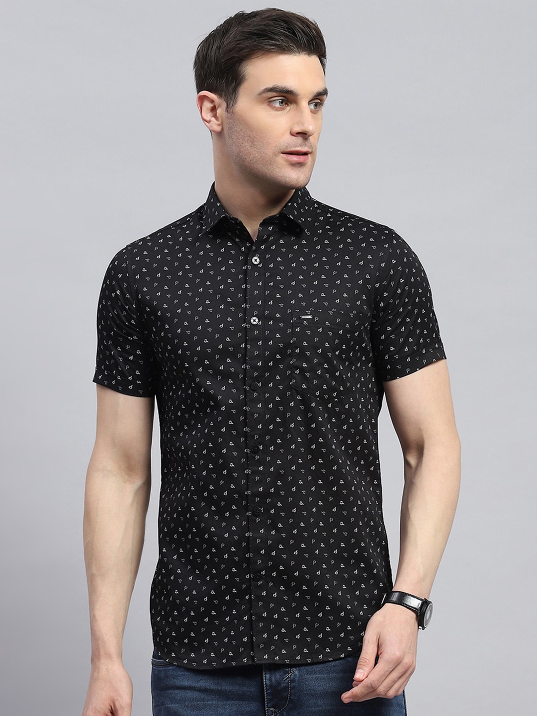

Monte Carlo Classic Slim Fit Geometric Printed Pure Cotton Casual Shirt, Black