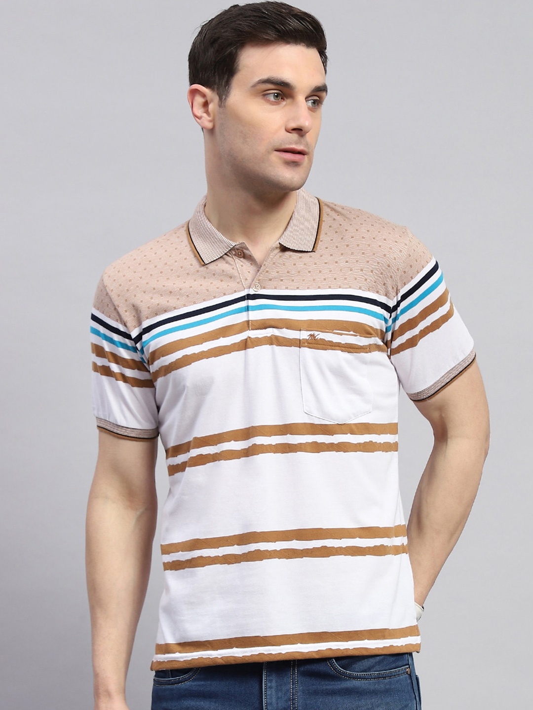 

Monte Carlo Striped Polo Collar T-shirt, Peach