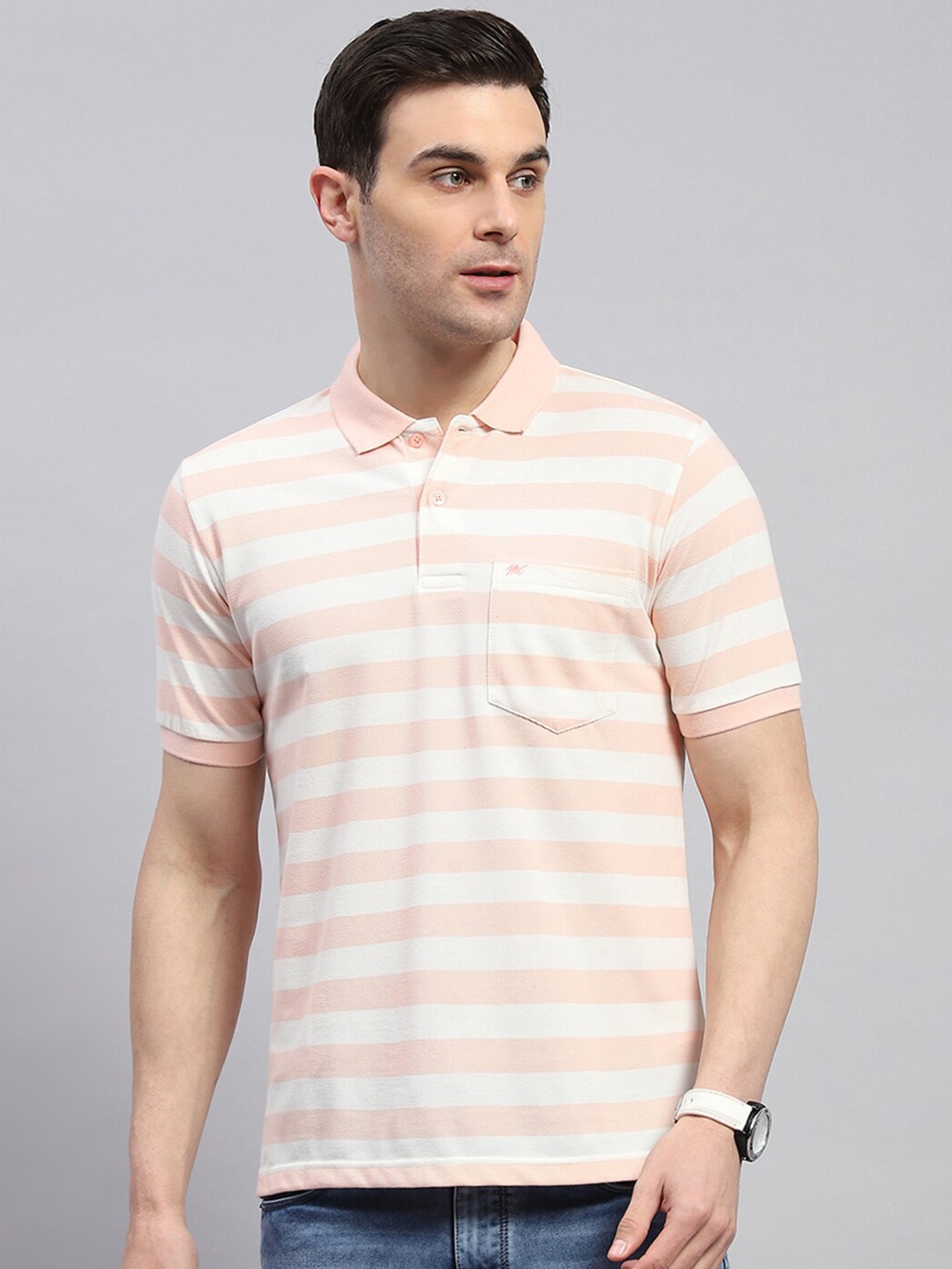 

Monte Carlo Striped Polo Collar T-shirt, Pink