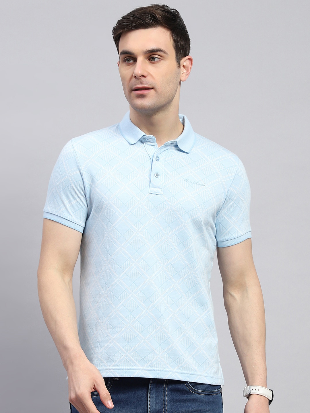 

Monte Carlo Checked Polo Collar T-shirt, Blue