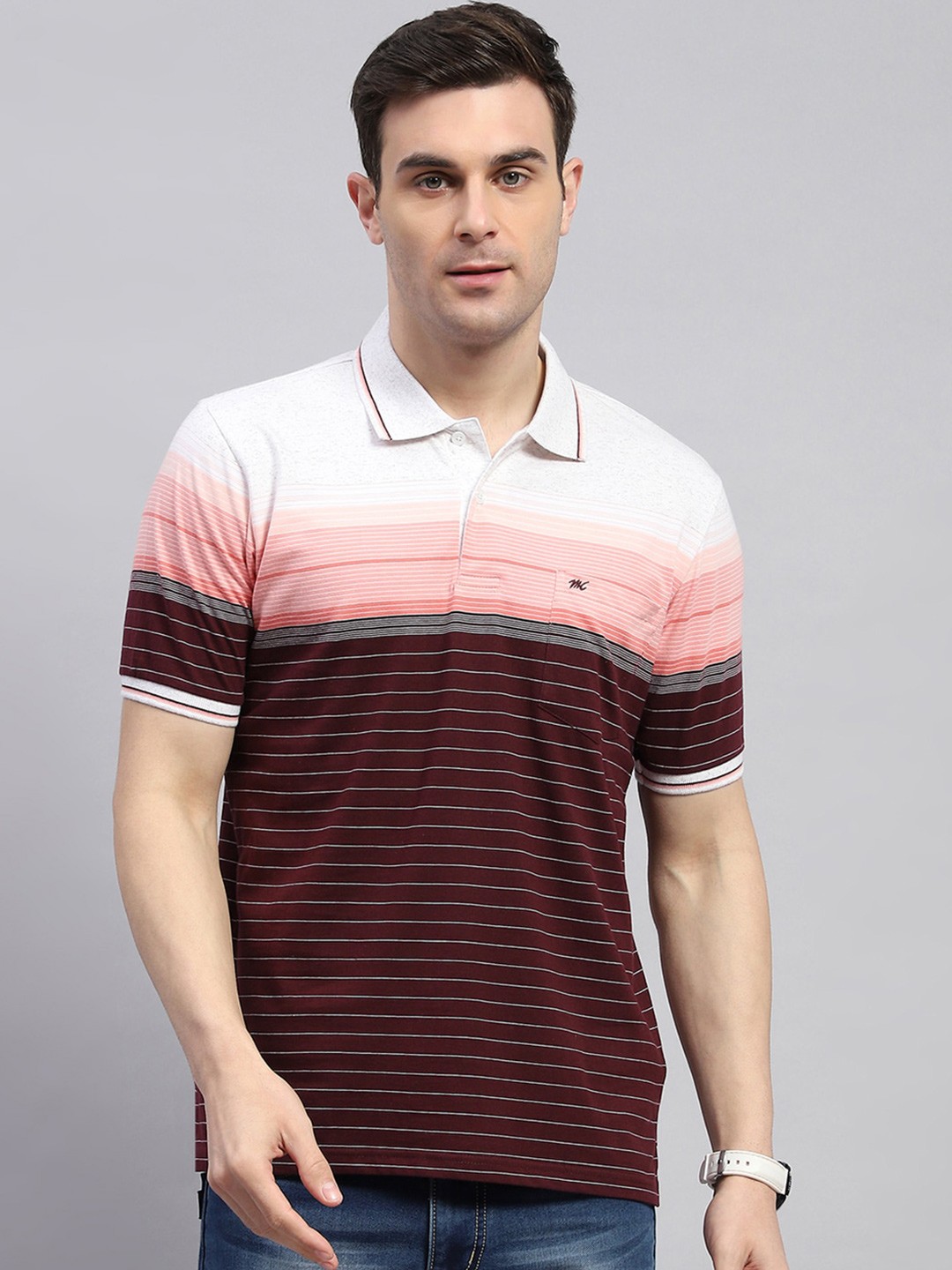 

Monte Carlo Striped Polo Collar T-shirt, Maroon