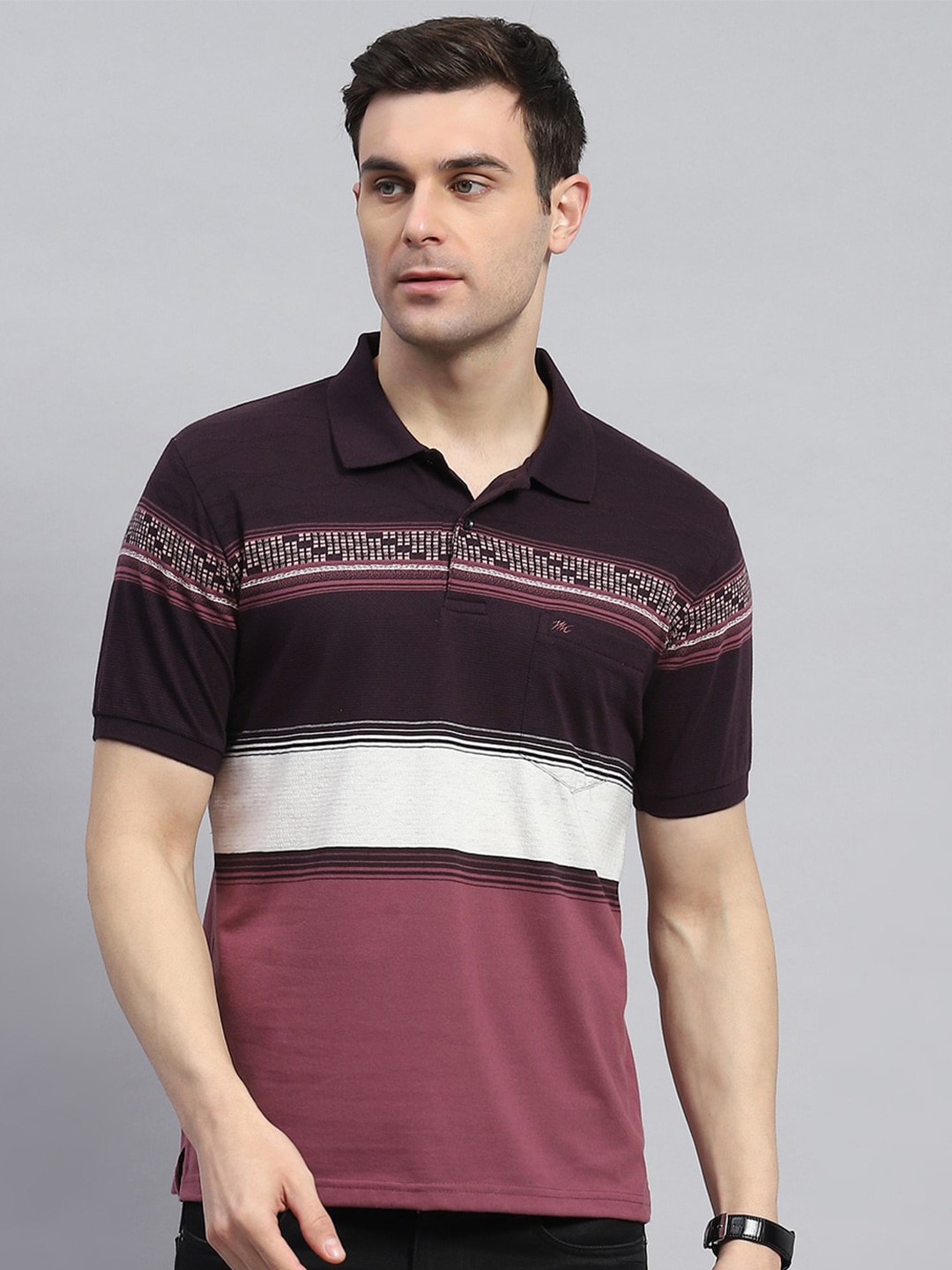 

Monte Carlo Striped Polo Collar T-shirt, Purple