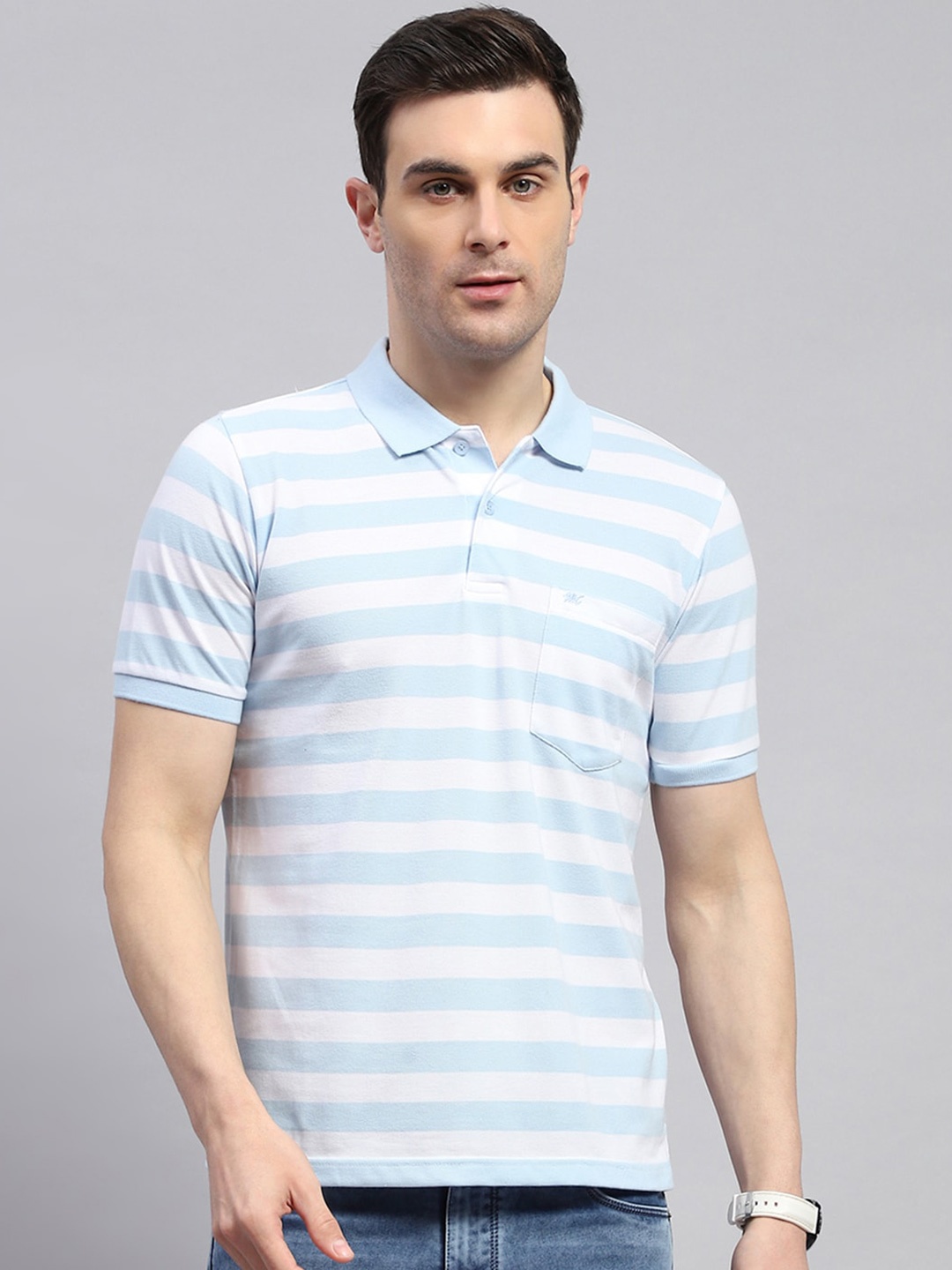

Monte Carlo Striped Polo Collar T-shirt, Blue