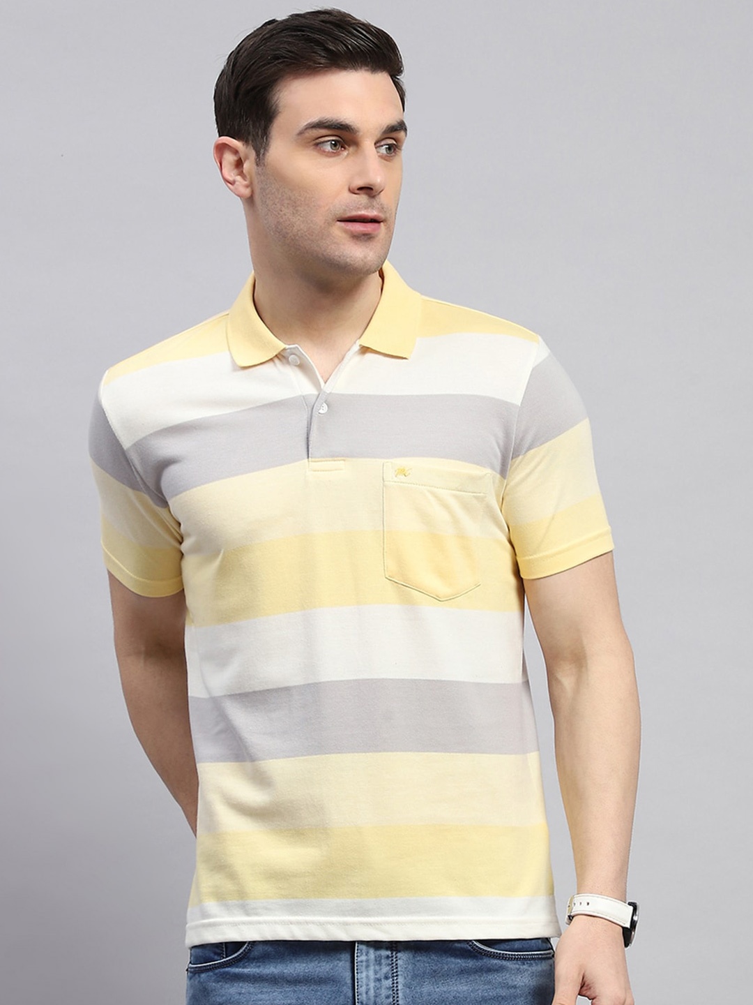 

Monte Carlo Striped Polo Collar T-shirt, Yellow