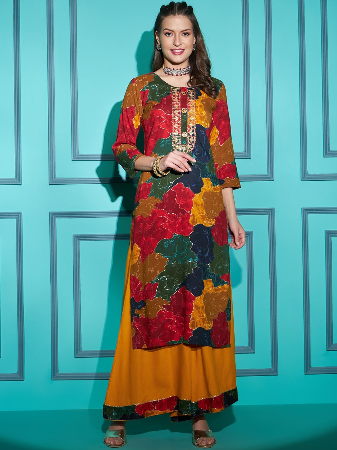

KPF Floral Printed Regular Round Neck Kurta with Palazzo, Yellow