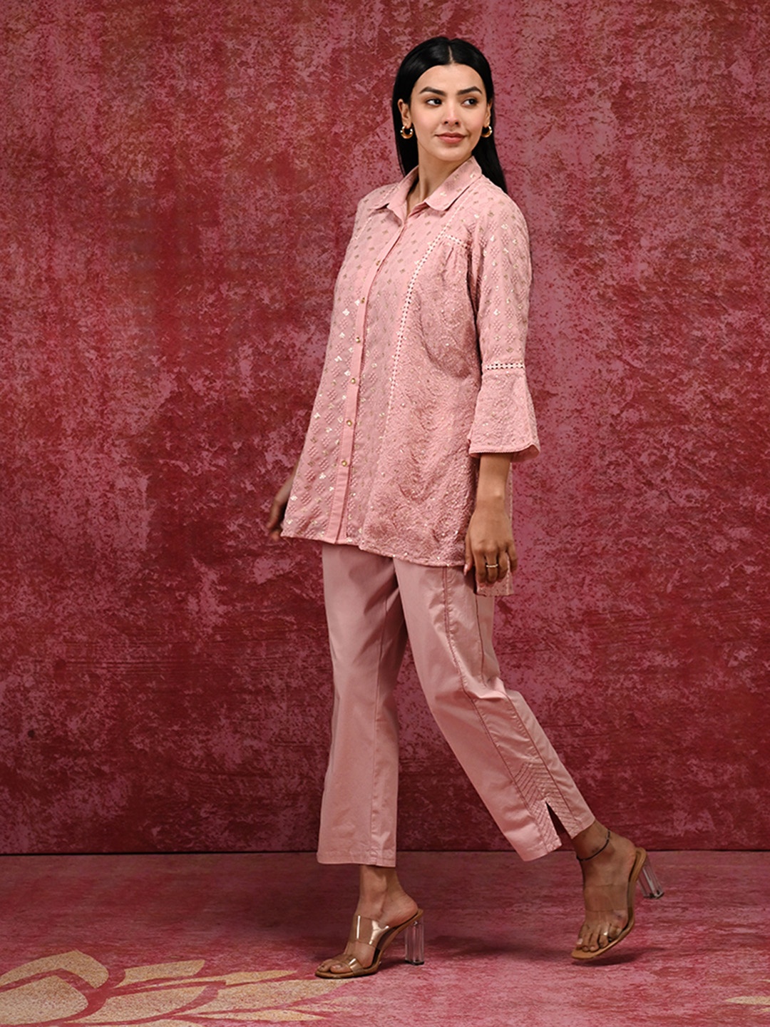 

Lakshita Classic Ethnic Motifs Self Design Georgette Shirt, Pink