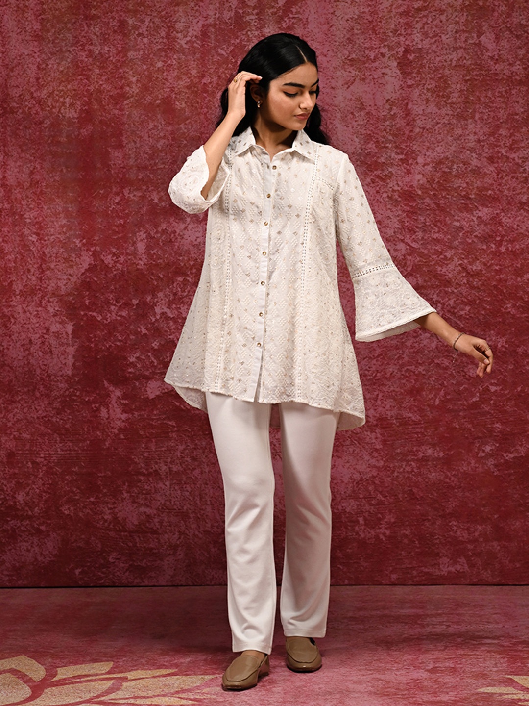 

Lakshita Classic Sequin Embroidered Opaque Georgette Casual Shirt, Off white