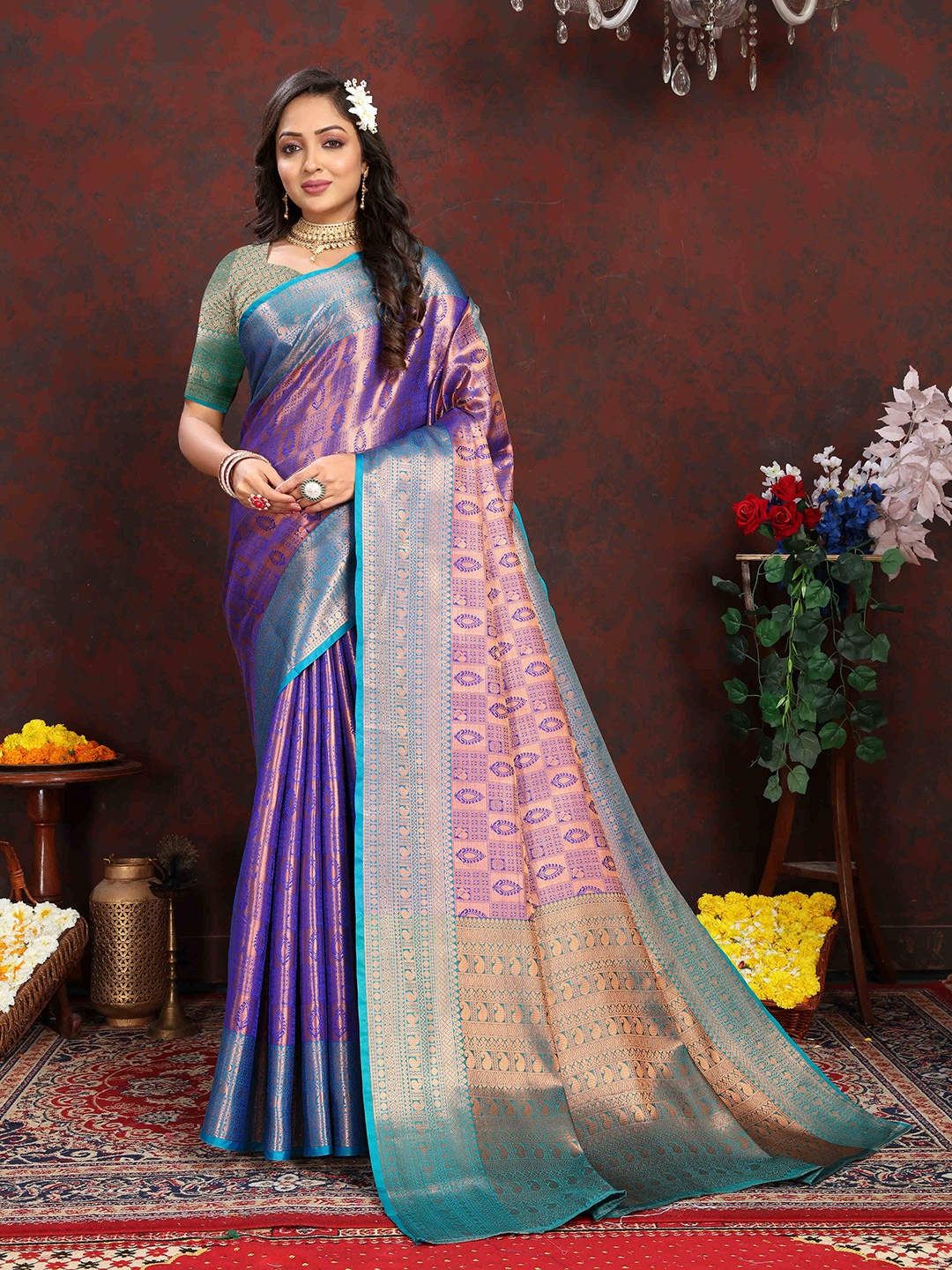 

PHEASANT Ethnic Motifs Woven Design Zari Pure Silk Kanjeevaram Saree, Blue