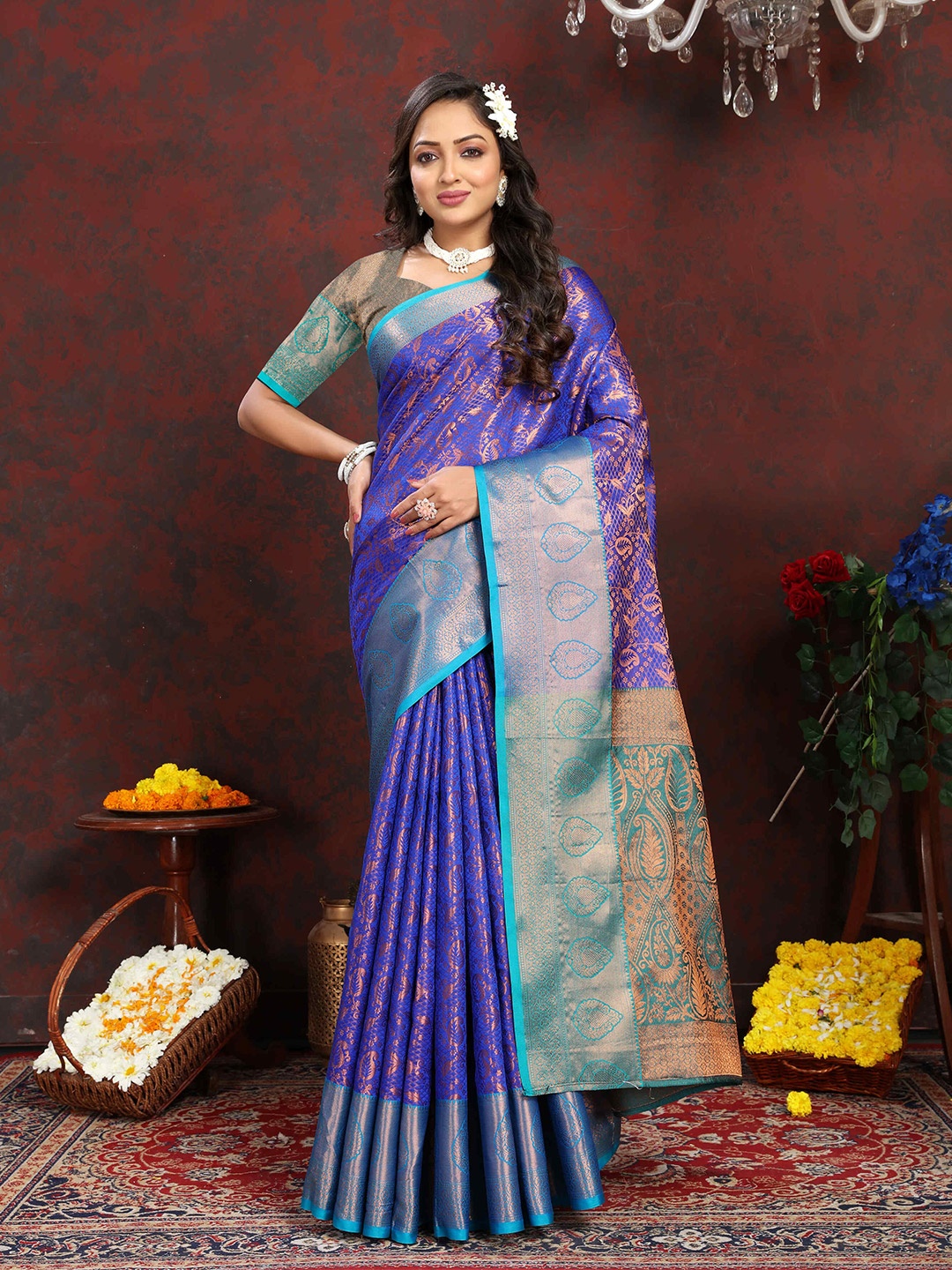 

PHEASANT Ethnic Motifs Woven Design Zari Kanjeevaram Saree, Blue