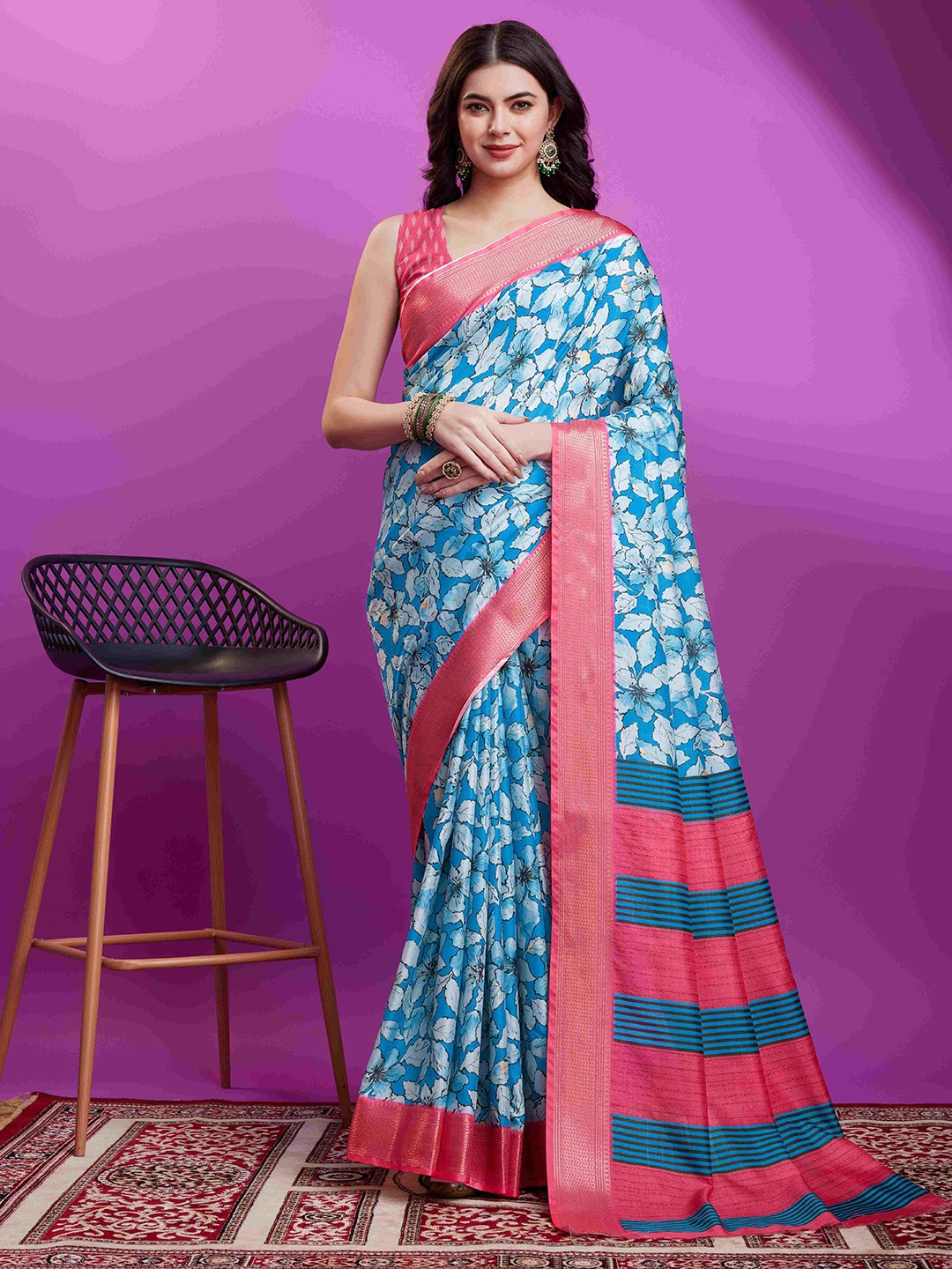 

PHEASANT Floral Printed Zari Saree, Turquoise blue