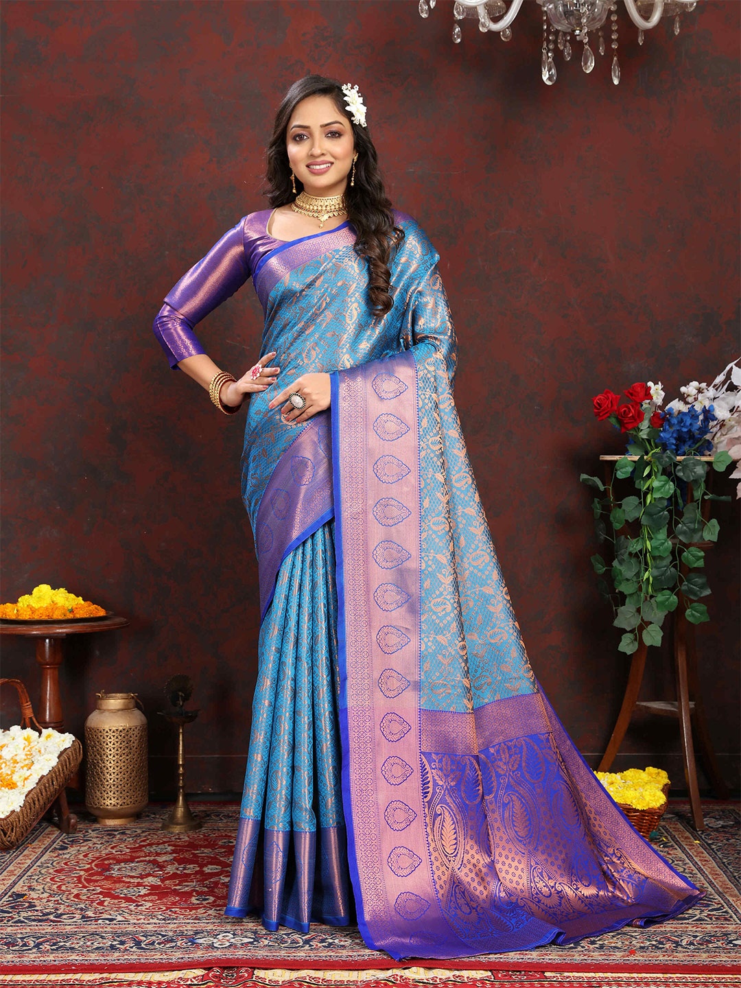 

PHEASANT Ethnic Motifs Woven Design Zari Kanjeevaram Saree, Turquoise blue