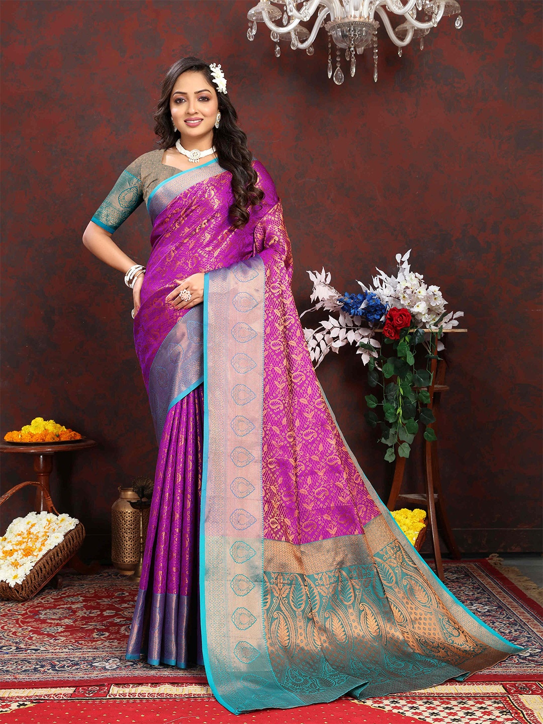 

PHEASANT Ethnic Motifs Woven Design Zari Kanjeevaram Saree, Purple