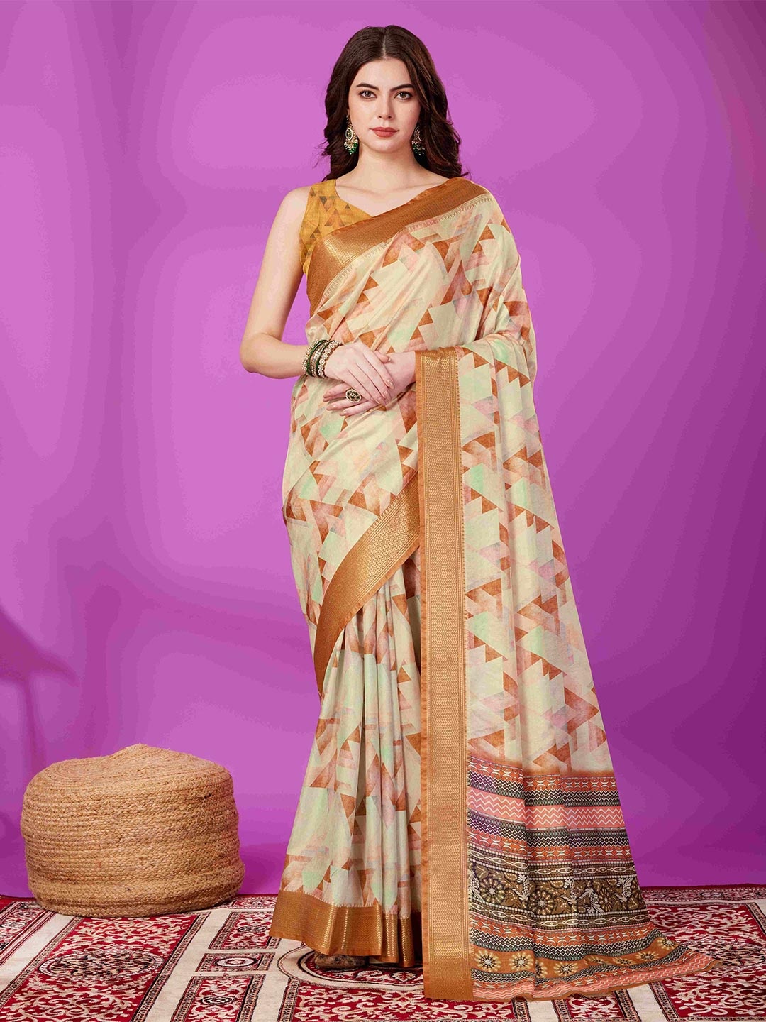

PHEASANT Geometric Printed Zari Saree, Orange