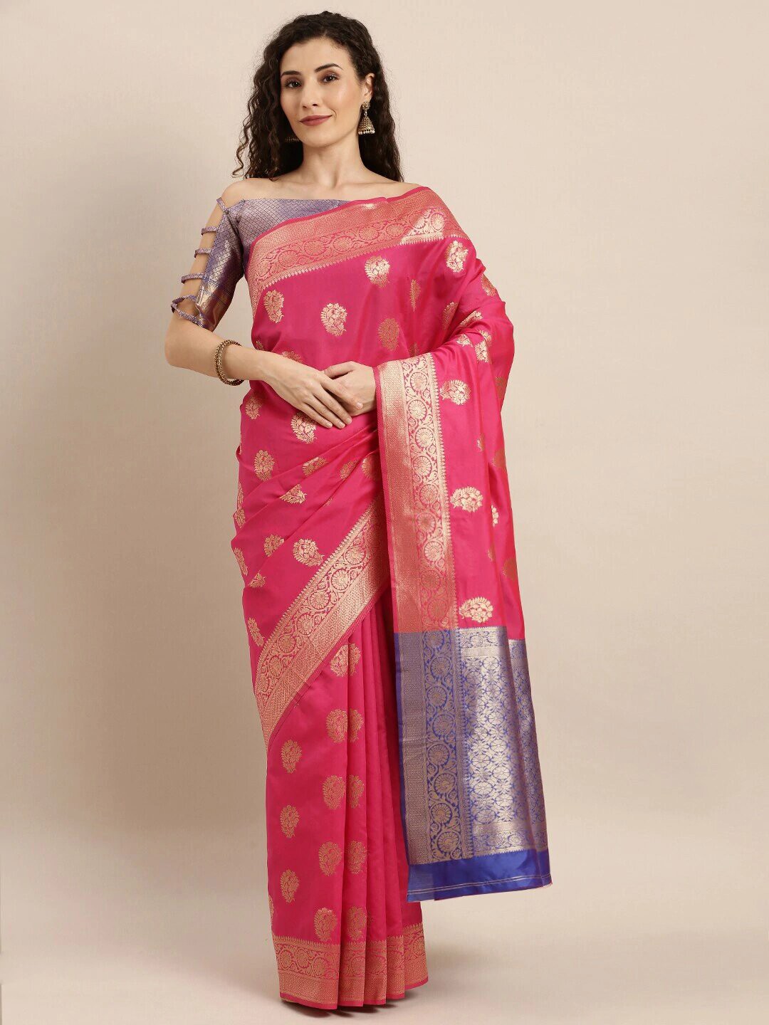 

Mitera Pink & Blue Ethnic Motifs Woven Design Zari Kanjeevaram Saree