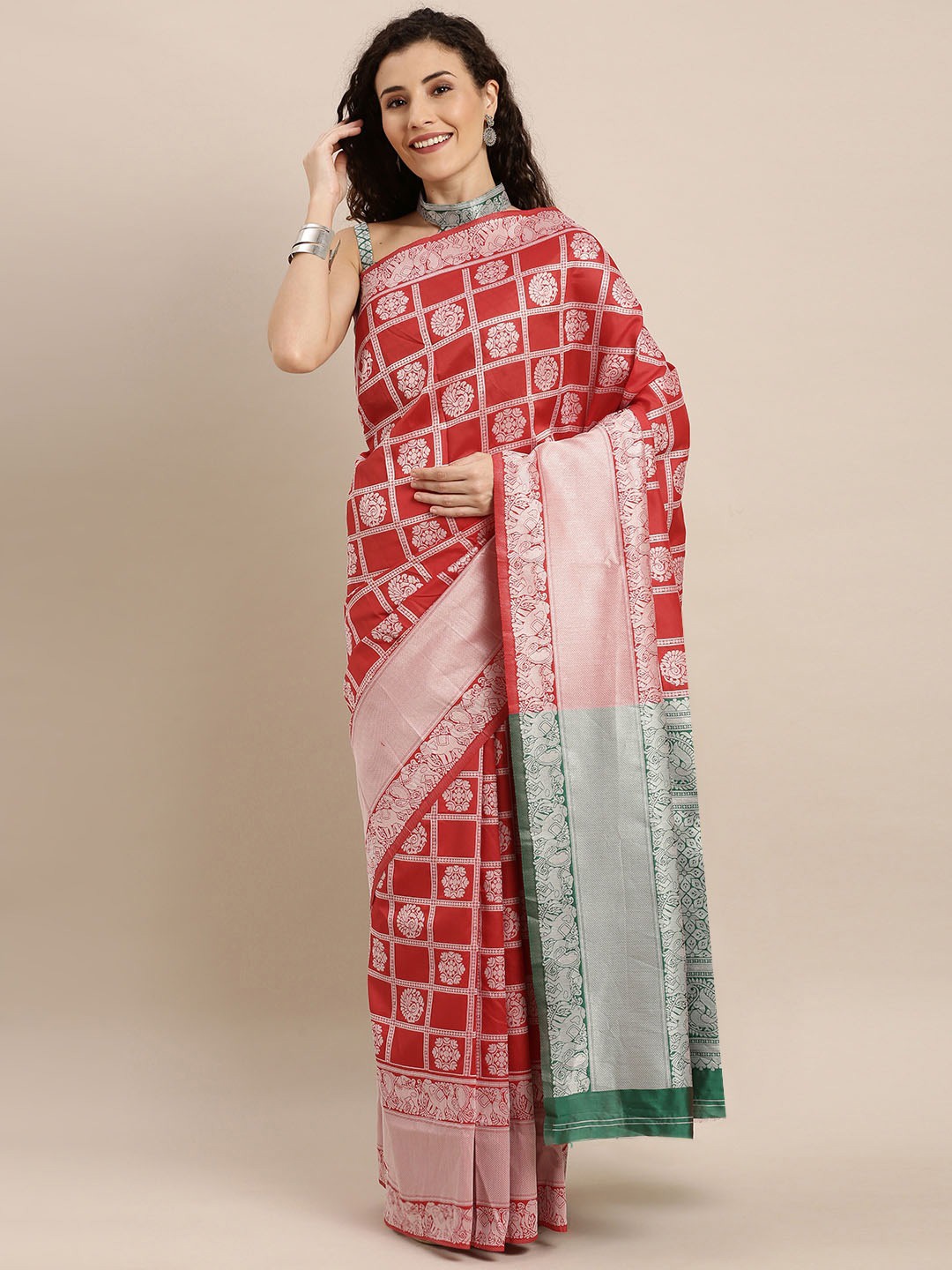 

Mitera Ethnic Motifs Woven Design Zari Patola Saree, Red