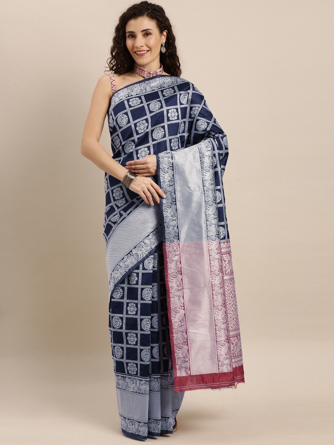 

Mitera Ethnic Motifs Woven Design Zari Patola Saree, Navy blue