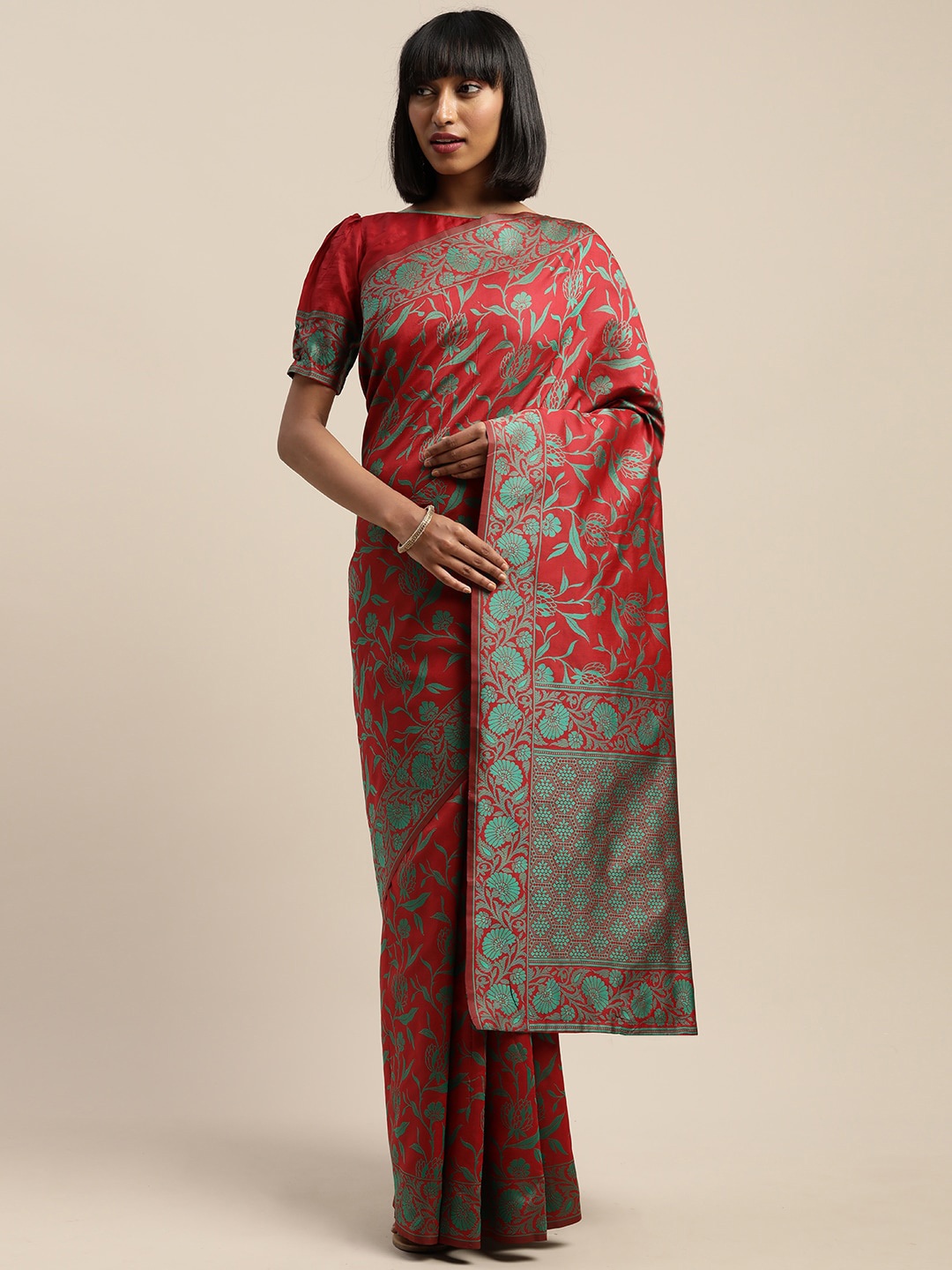 

Mitera Red & Green Ethnic Motifs Woven Design Jamdani Saree