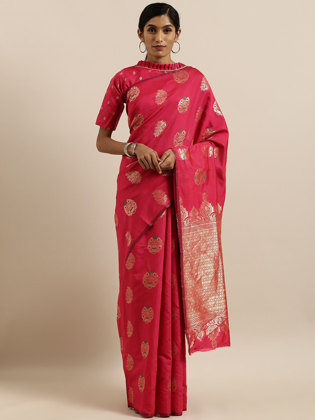 

Mitera Pink & Gold toned Ethnic Motifs Woven Design Zari Saree