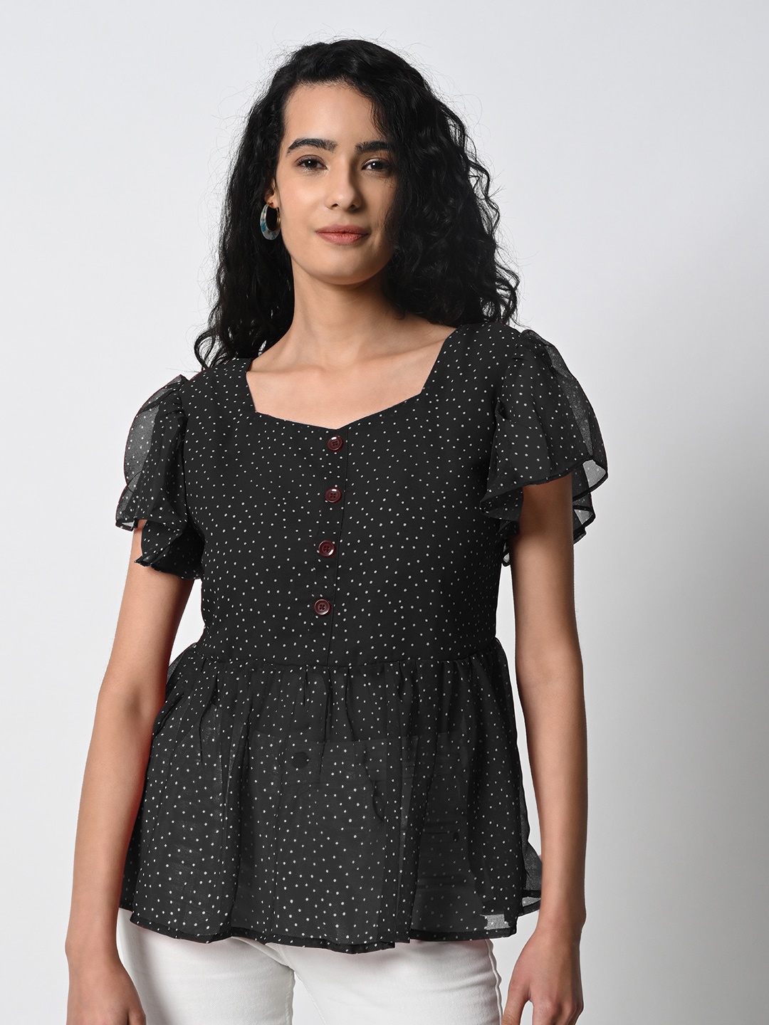 

Prettify Polka Dots Print Flutter Sleeve Georgette Peplum Top, Black