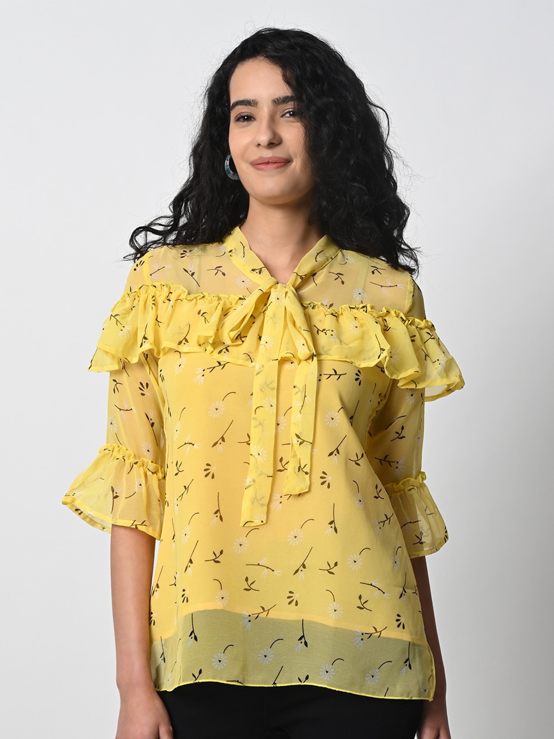 

Prettify Floral Printed Tie-Up Neck Bell Sleeves Georgette Top, Yellow