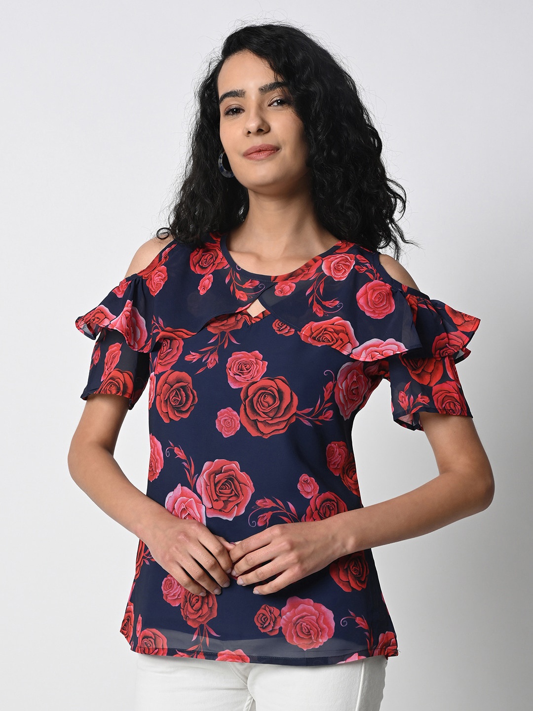 

Prettify Floral Printed Cold-Shoulder Sleeves Georgette Top, Navy blue