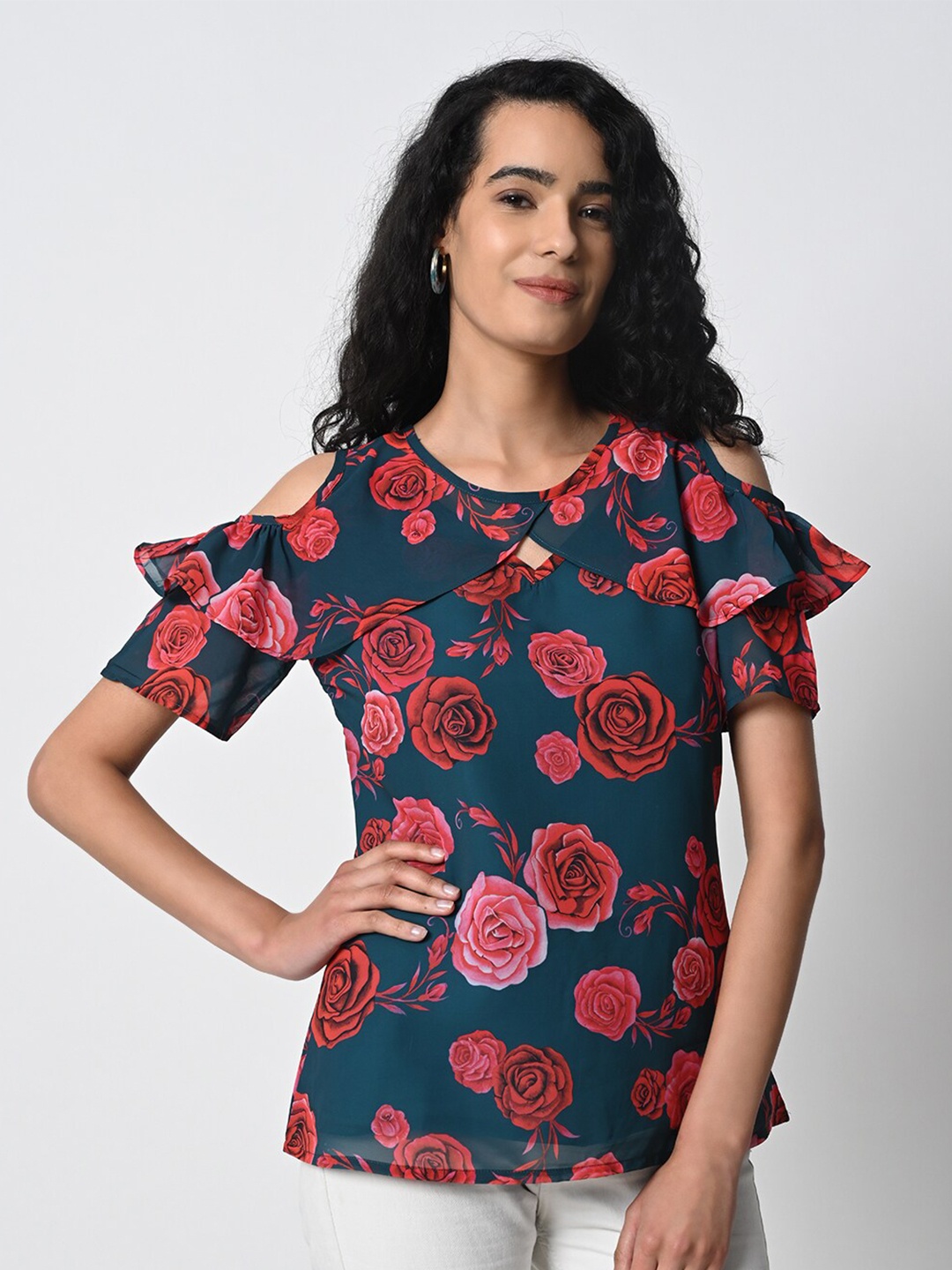 

Prettify Floral Printed Cold-Shoulder Georgette Top, Green