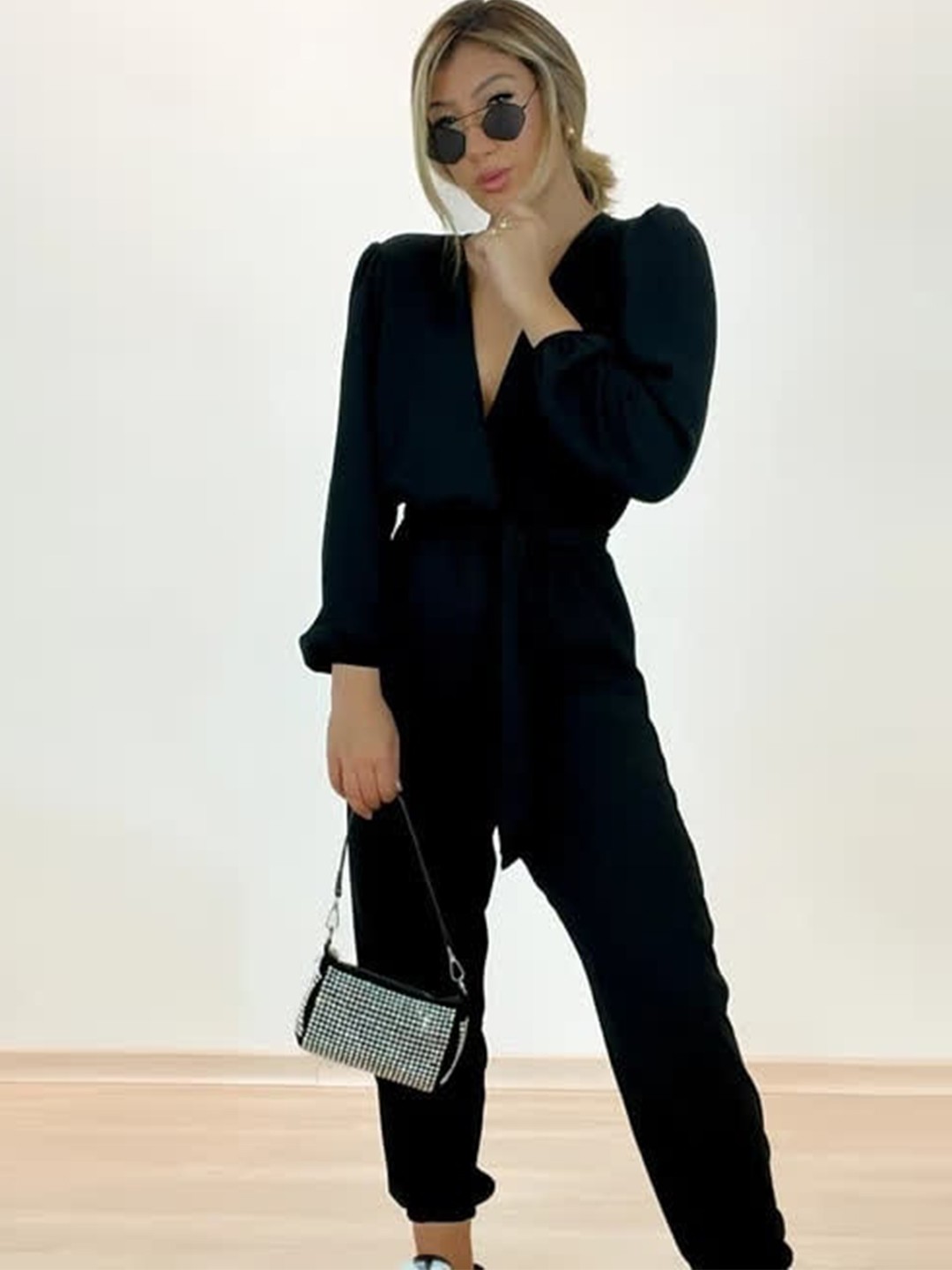 

LULU & SKY Puff Sleeves Tie-Up Detail Basic Jumpsuit, Black