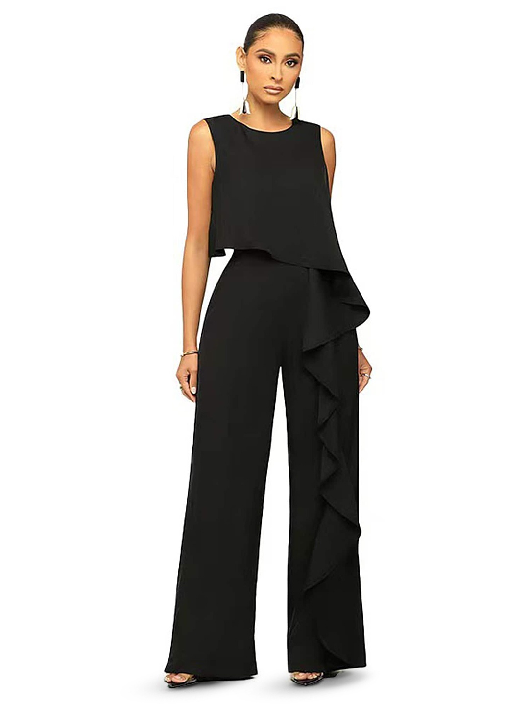 

LULU & SKY Ruffle Detail Wide Basic Jumpsuit, Black
