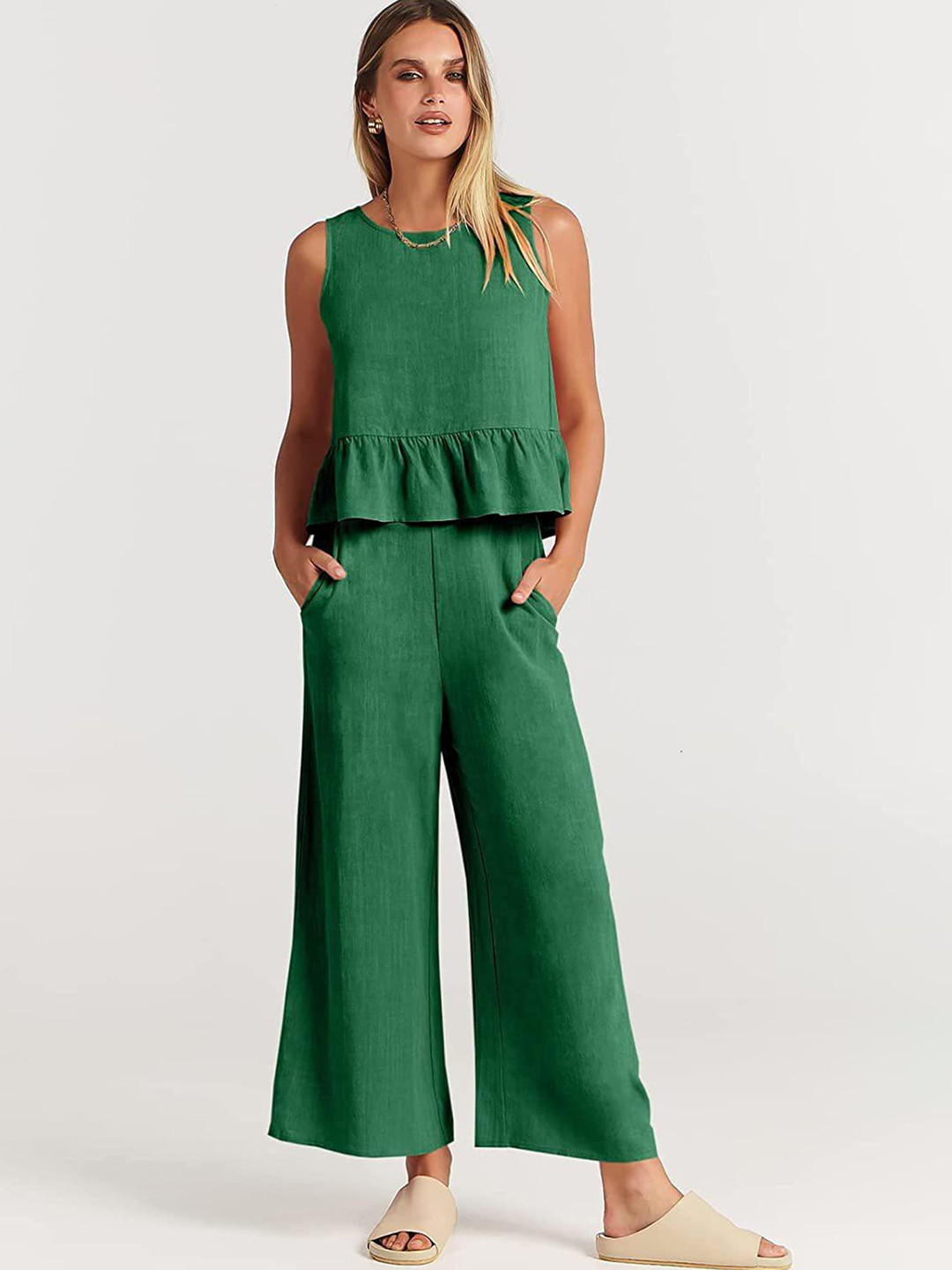 

LULU & SKY Sleeveless Ruffled Loose Basic Jumpsuit, Green