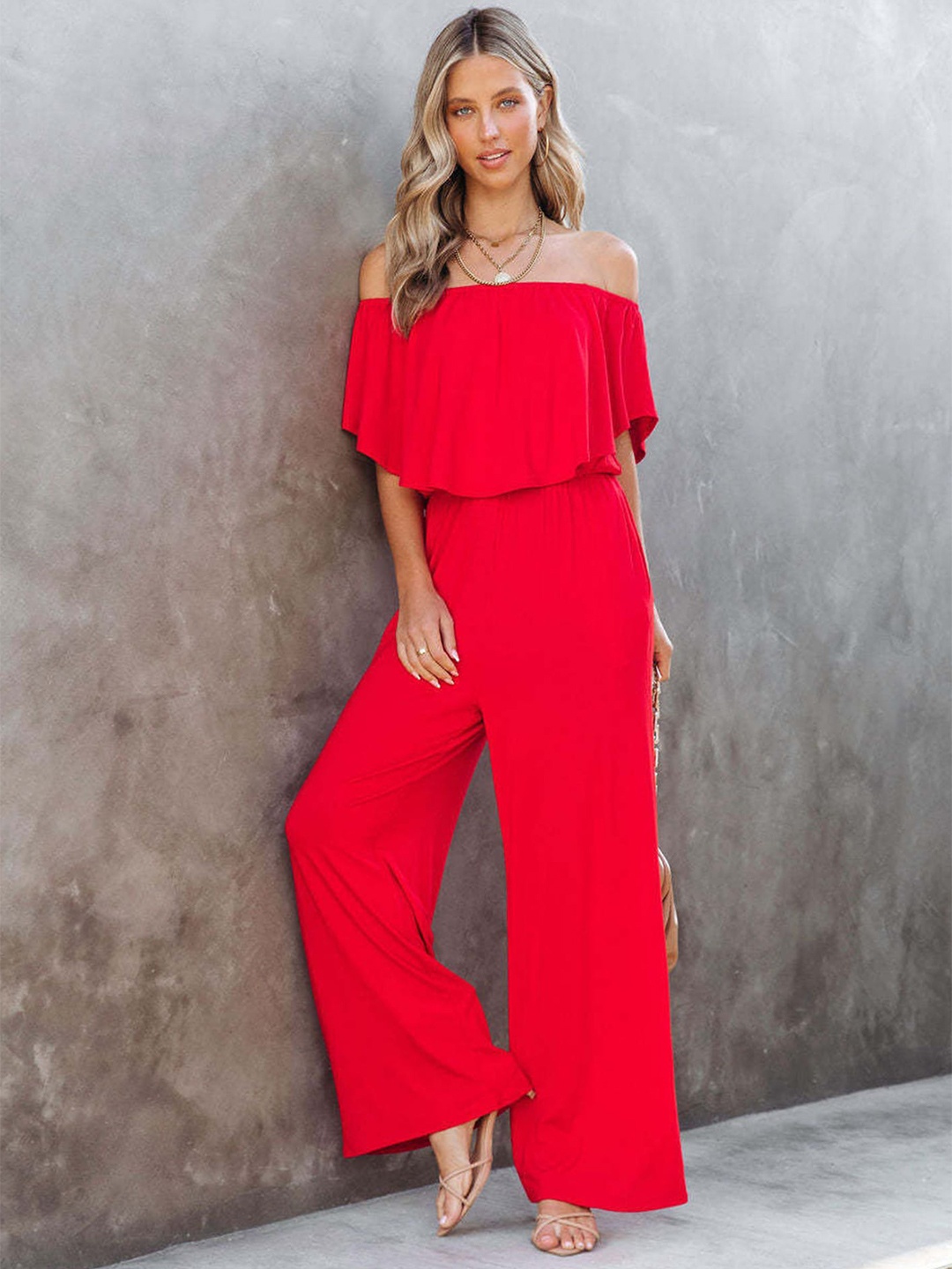 

LULU & SKY Off-Shoulder Layered Basic Jumpsuit, Red