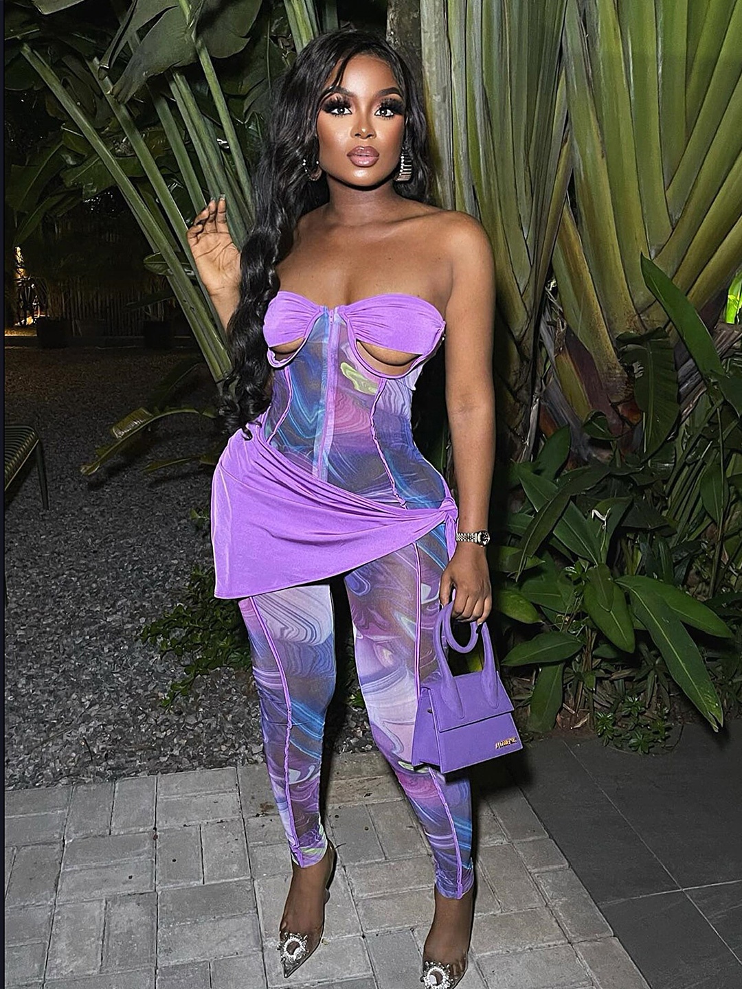 

LULU & SKY Strapless Printed Cut Out Basic Jumpsuit, Purple