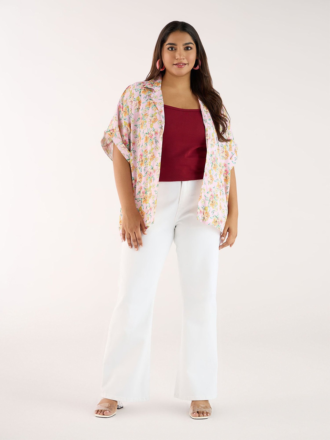 

Big Hello - The Plus Life Floral Printed Cuban Collar Short Extended Sleeves Casual Shirt, Pink