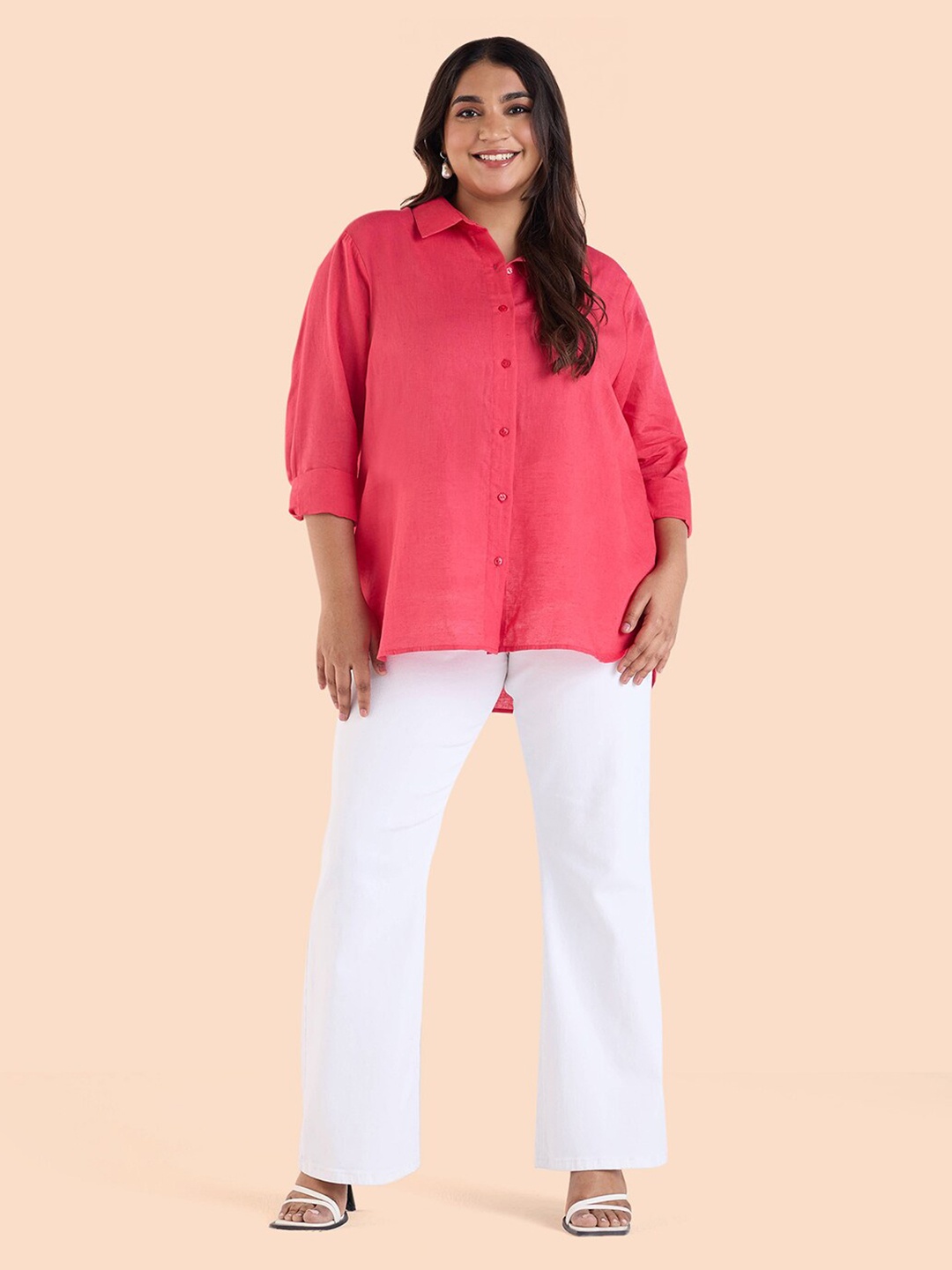 

Big Hello - The Plus Life Spread Collar Linen Casual Shirt, Pink