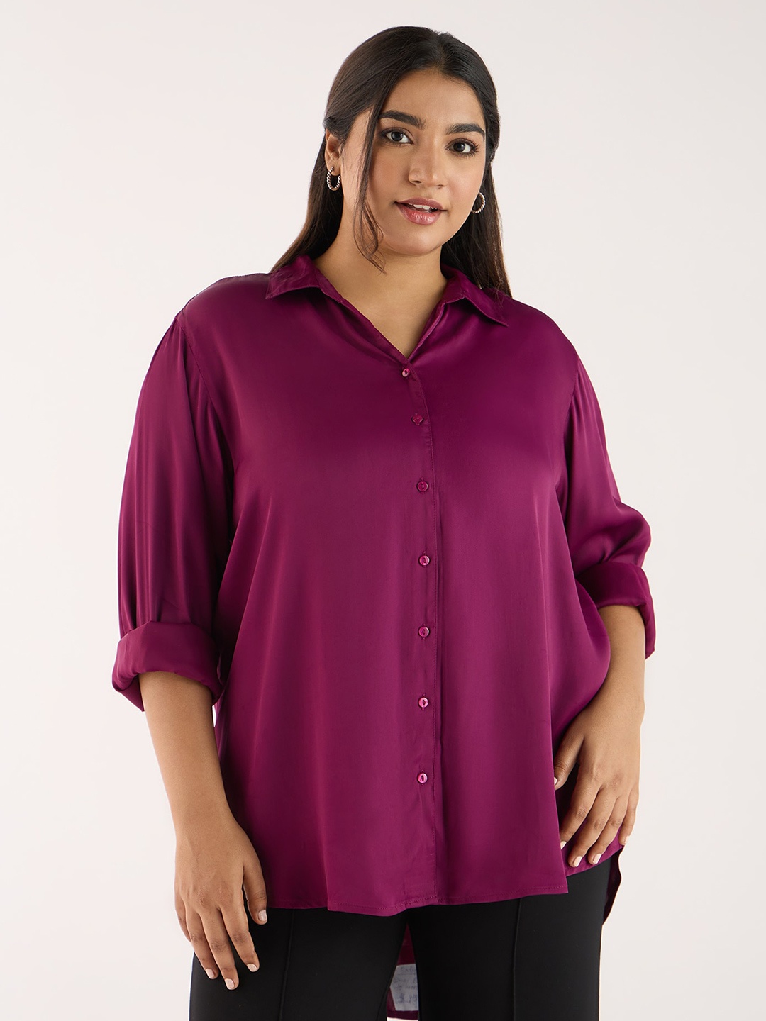 

Big Hello - The Plus Life Spread Collar Long Sleeves Casual Shirt, Purple