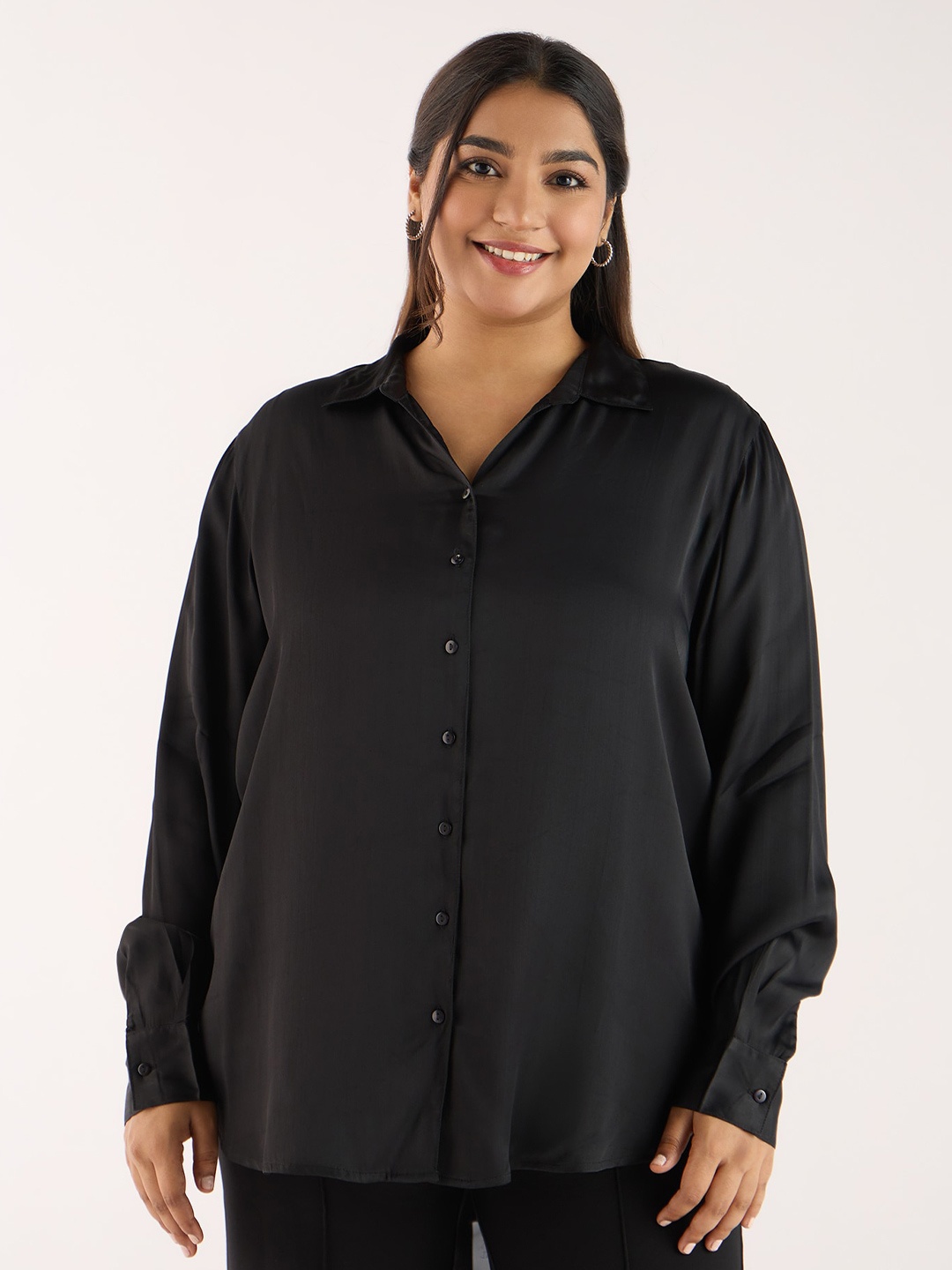 

Big Hello - The Plus Life Spread Collar Long Sleeves Casual Shirt, Black