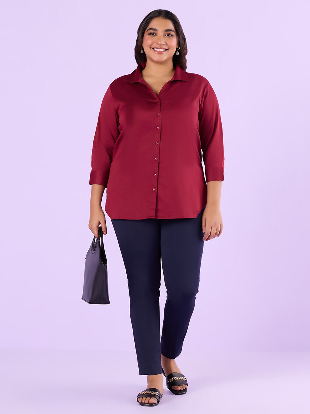 

Big Hello - The Plus Life Spread Collar High-Low Hem Cotton Casual Shirt, Red