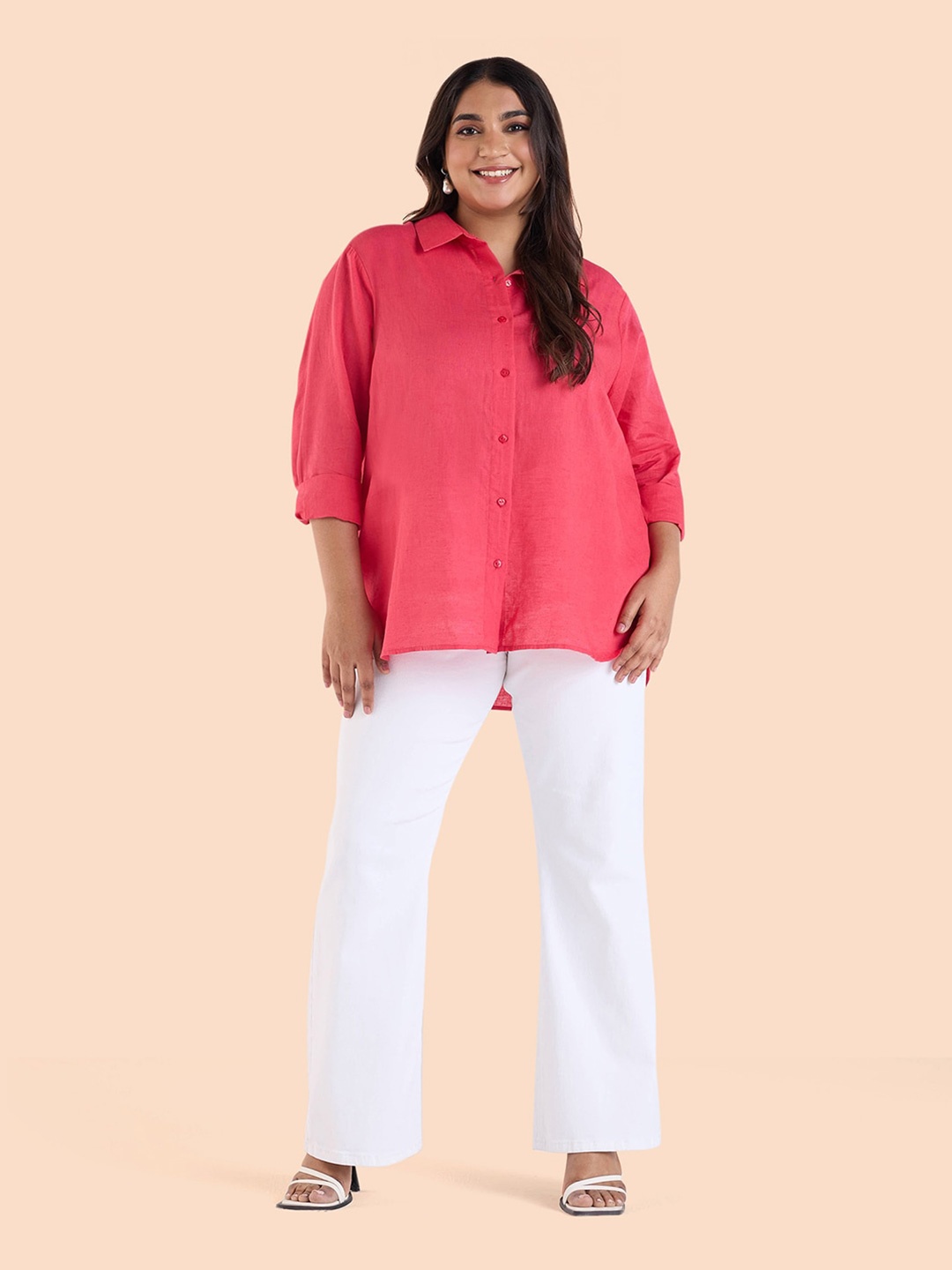 

Big Hello - The Plus Life Spread Collar Three-Quarter Sleeves Linen Casual Shirt, Pink