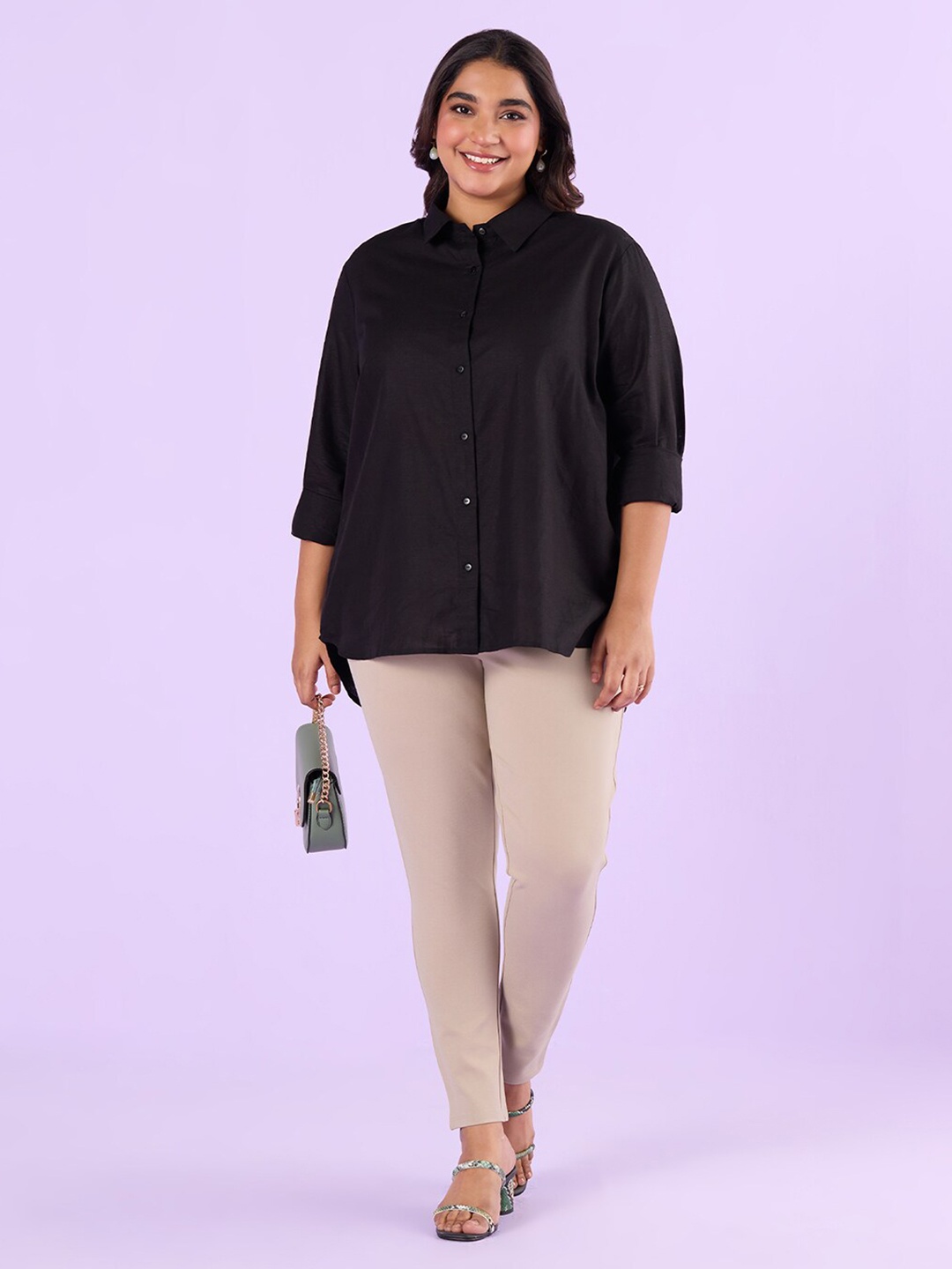 

Big Hello - The Plus Life Spread Collar High-Low Hem Linen Casual Shirt, Black