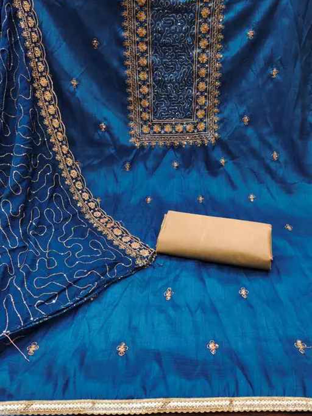 

faxofab Ethnic Motifs Embroidered Silk Georgette Unstitched Dress Material, Blue