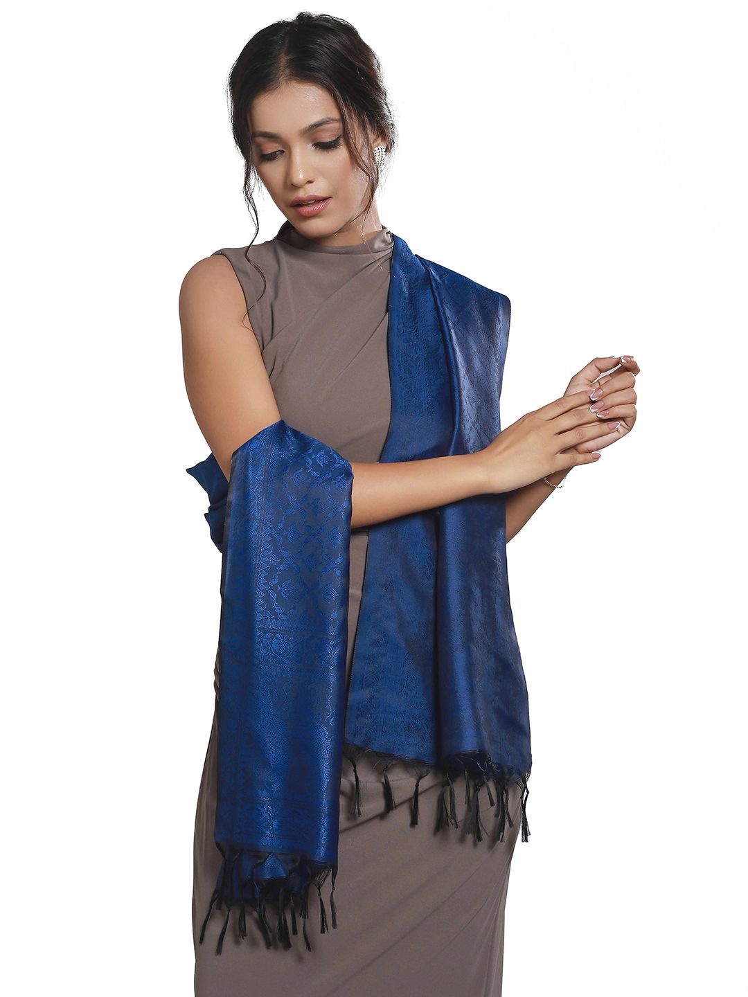 

CrossKulture Woven Design Tasseled Silk Scarf, Blue