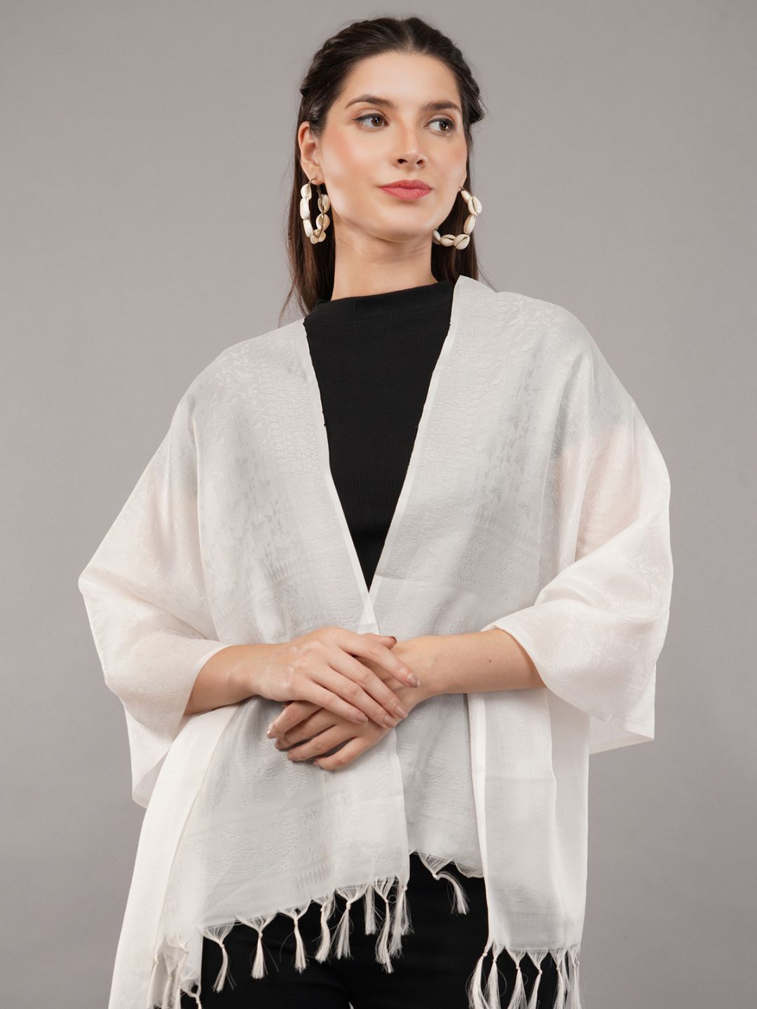 

CrossKulture Woven Design Tasseled Silk Scarf, White