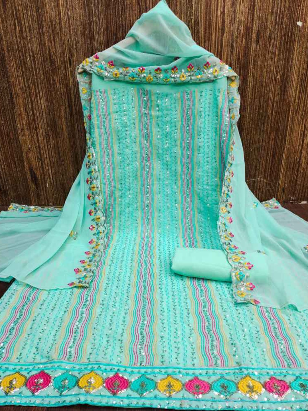 

faxofab Striped Embellished Silk Georgette Unstitched Dress Material, Blue
