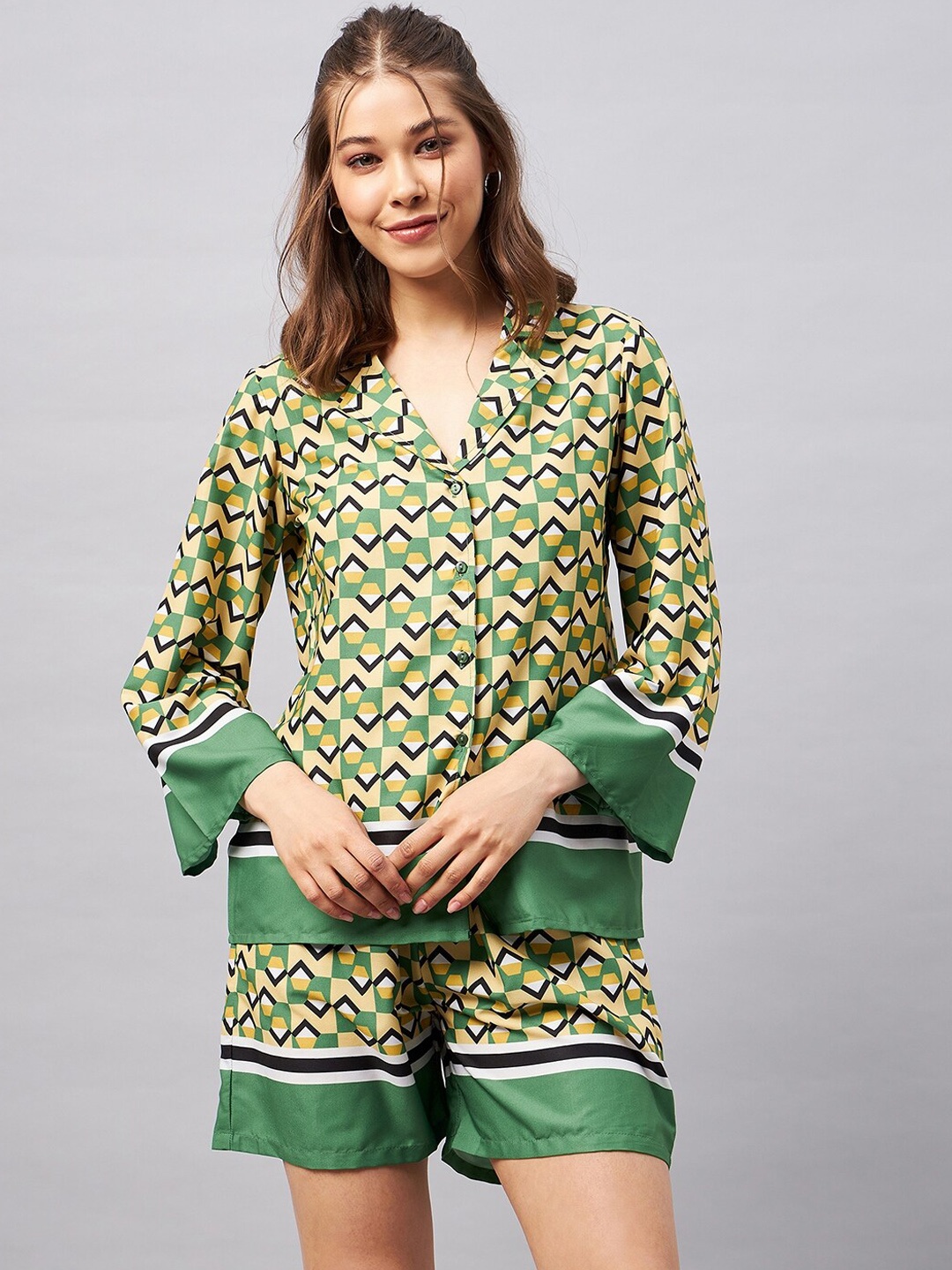 

Orchid Blues Printed Shirt With Short Co-Ords, Green