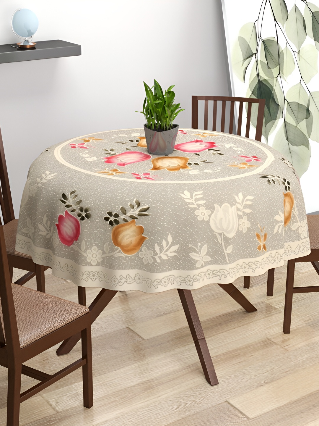 

BIGGER FISH Coffee Brown Floral Cotton Round 6-Seater Table Cover