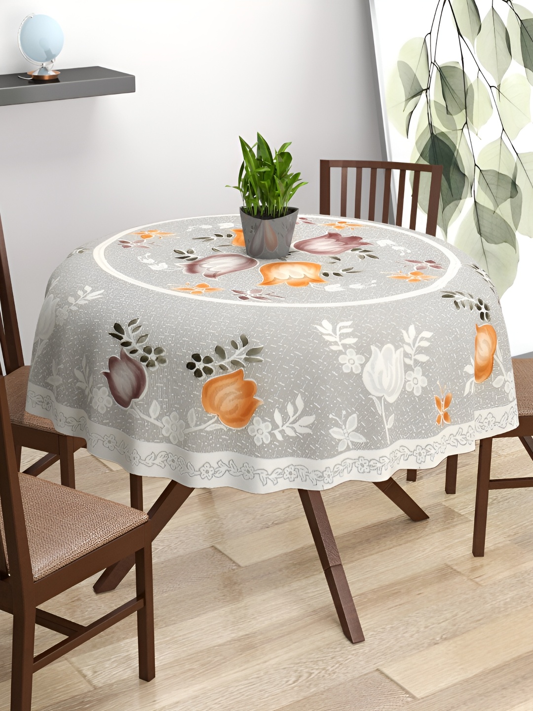 

BIGGER FISH White & Grey Floral Cotton Round 6-Seater Table Cover