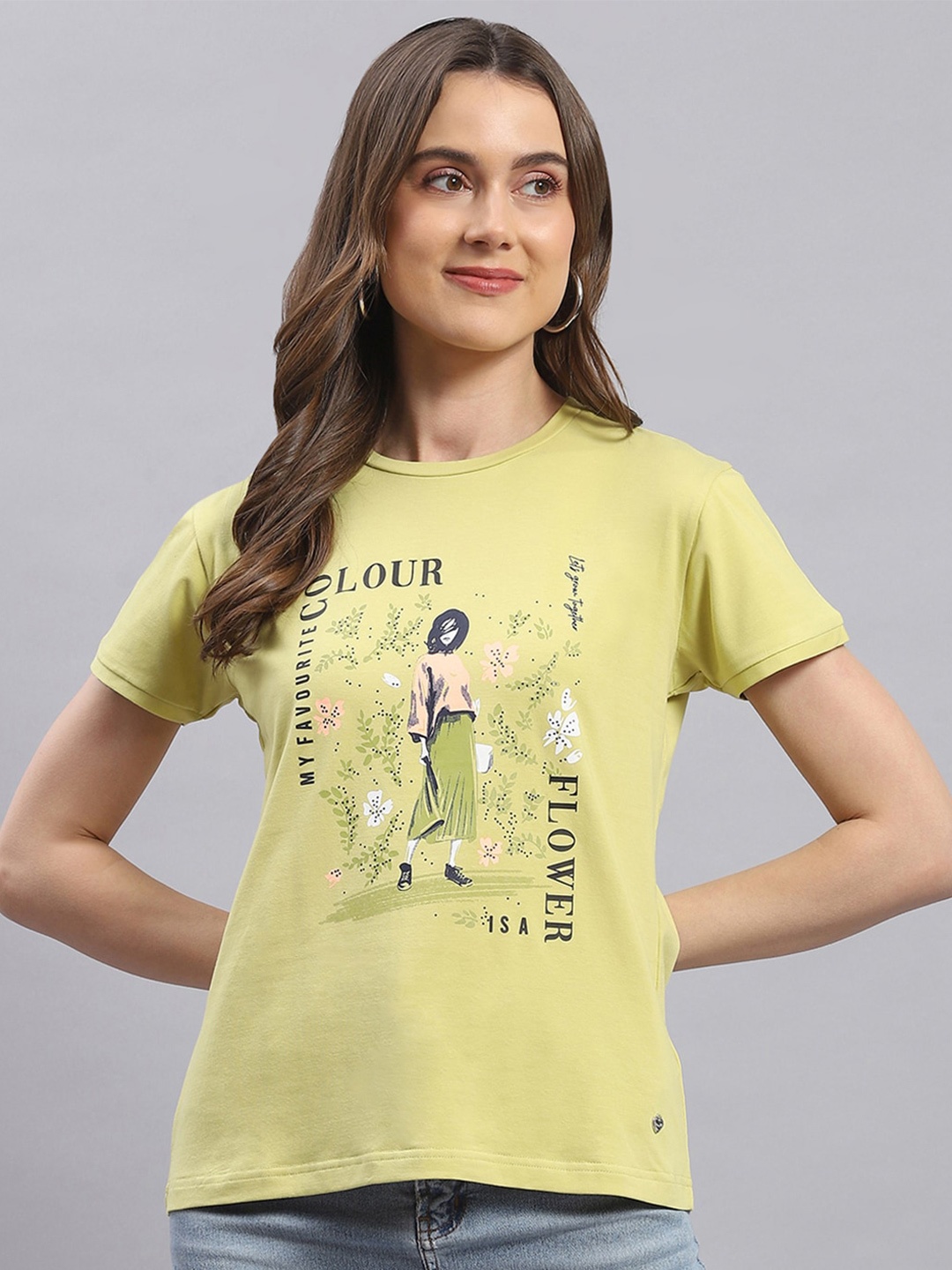 

Monte Carlo Graphic Printed Round Neck Cotton Top, Lime green