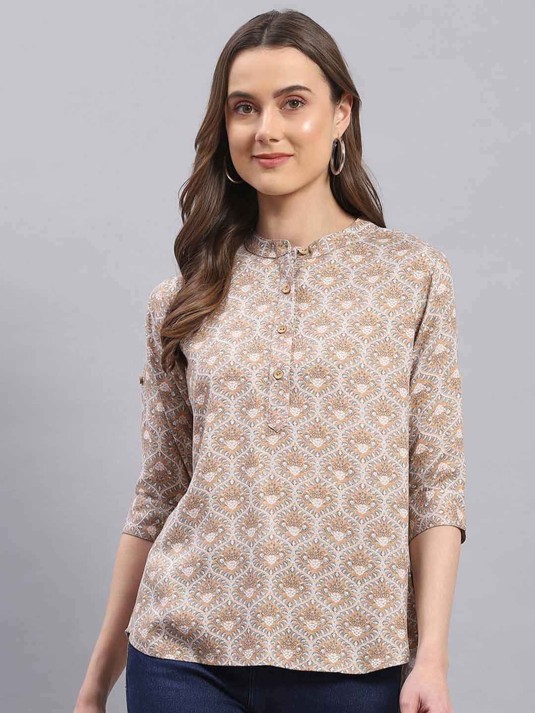 

Monte Carlo Ethnic Motifs Printed Mandarin Collar Top, Brown