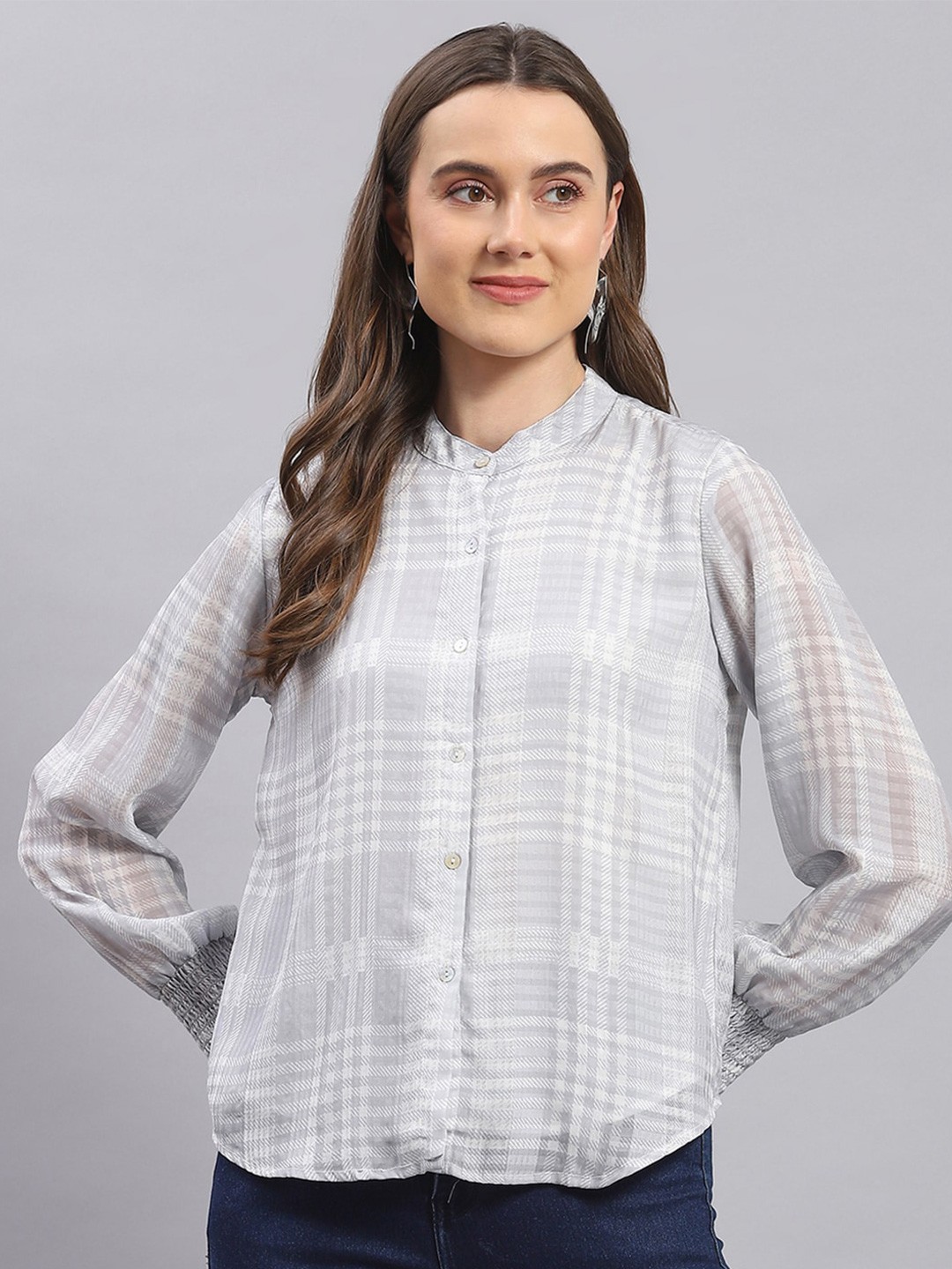 

Monte Carlo Checked Mandarin Collar Shirt Style Top, Grey