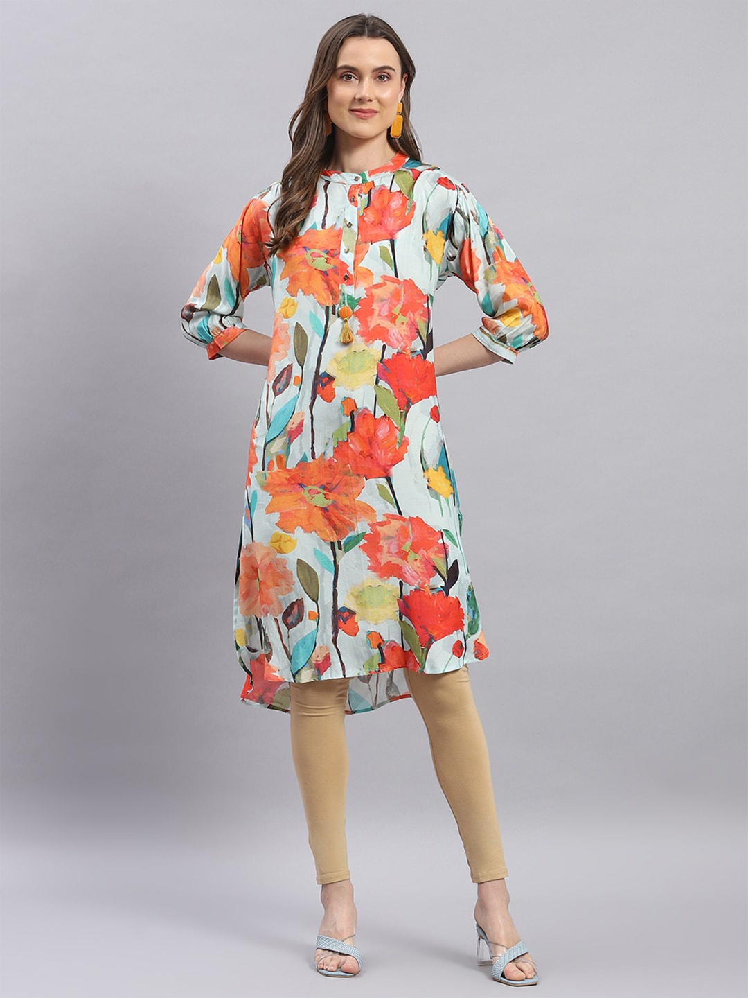 

Monte Carlo Floral Printed Band Collar A-Line Kurta, Red