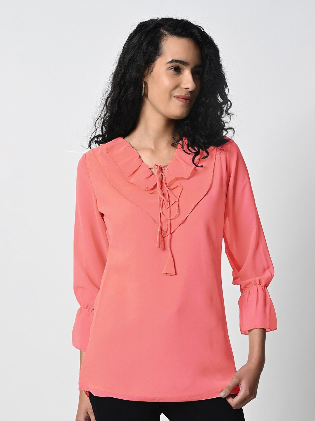 

Prettify Tie-Up Neck Georgette Top, Peach